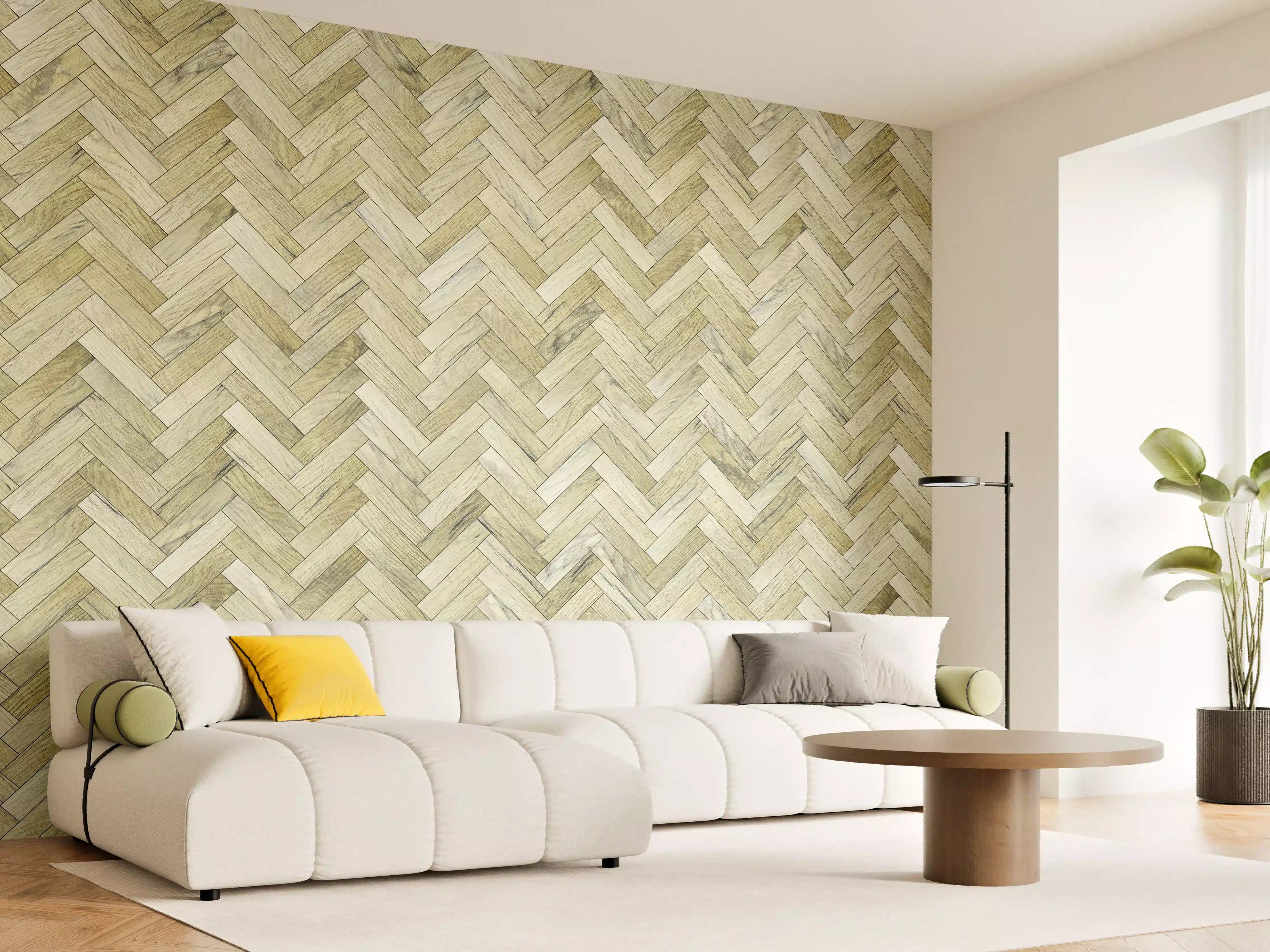 Wandverkleidung Wohnzimmer - Hochwertiger Holzboden im Herringbone-Muster