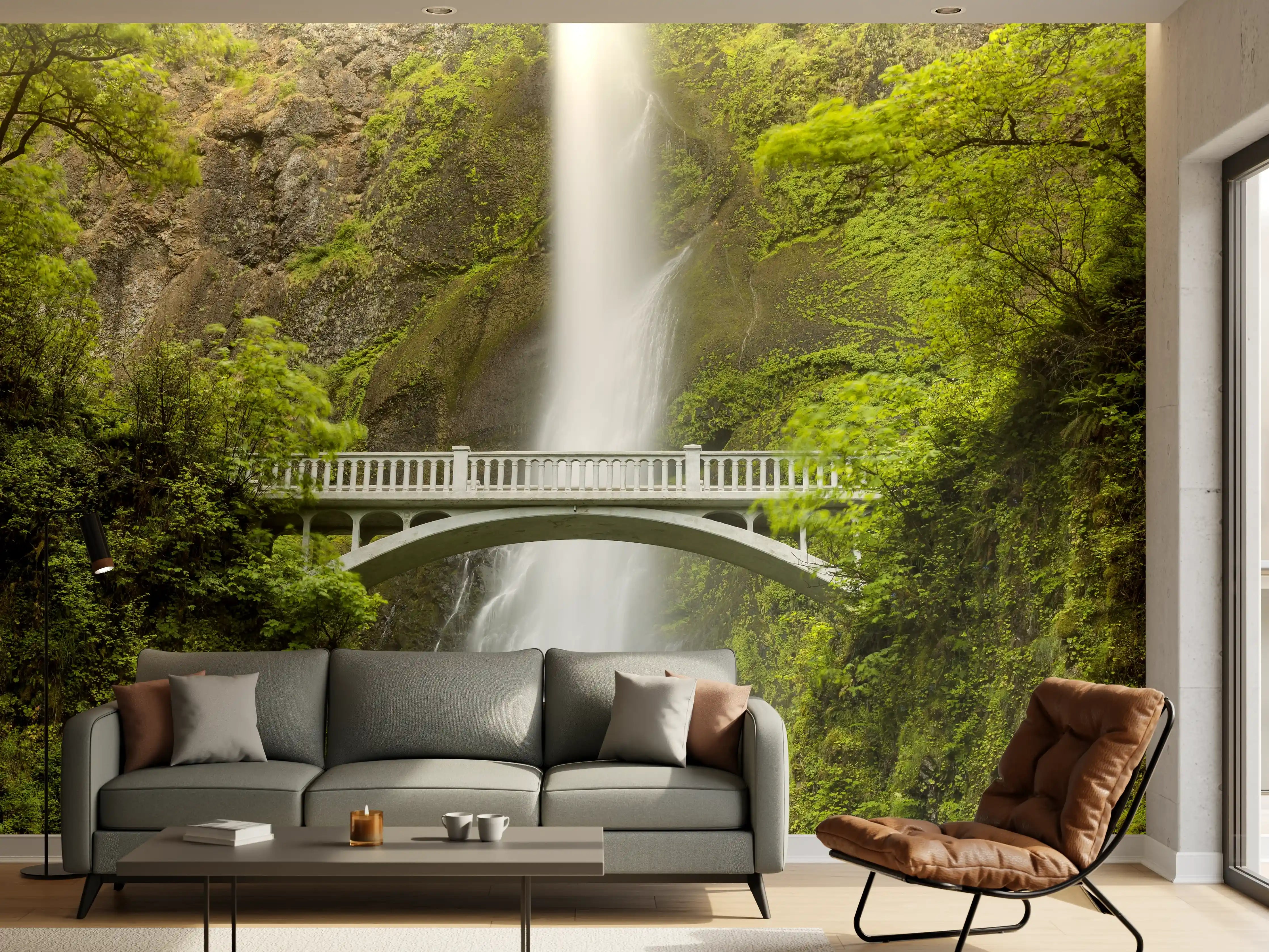 Wandverkleidung Wohnzimmer - Hochwertiges Wasserfall-Bild mit Brücke in grüner Natur