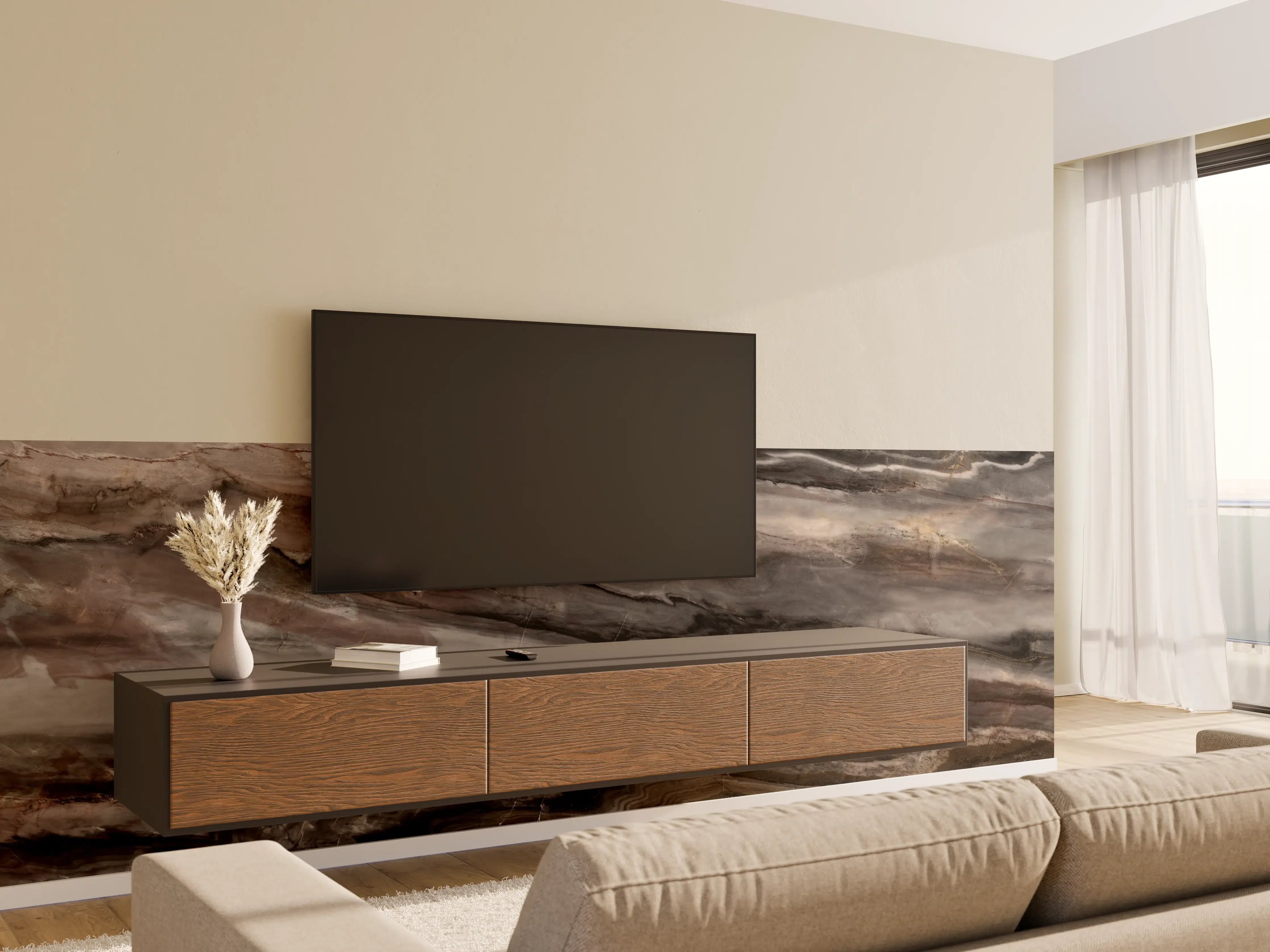 Wandverkleidung Wohnzimmer - Holz-Marmor Textur