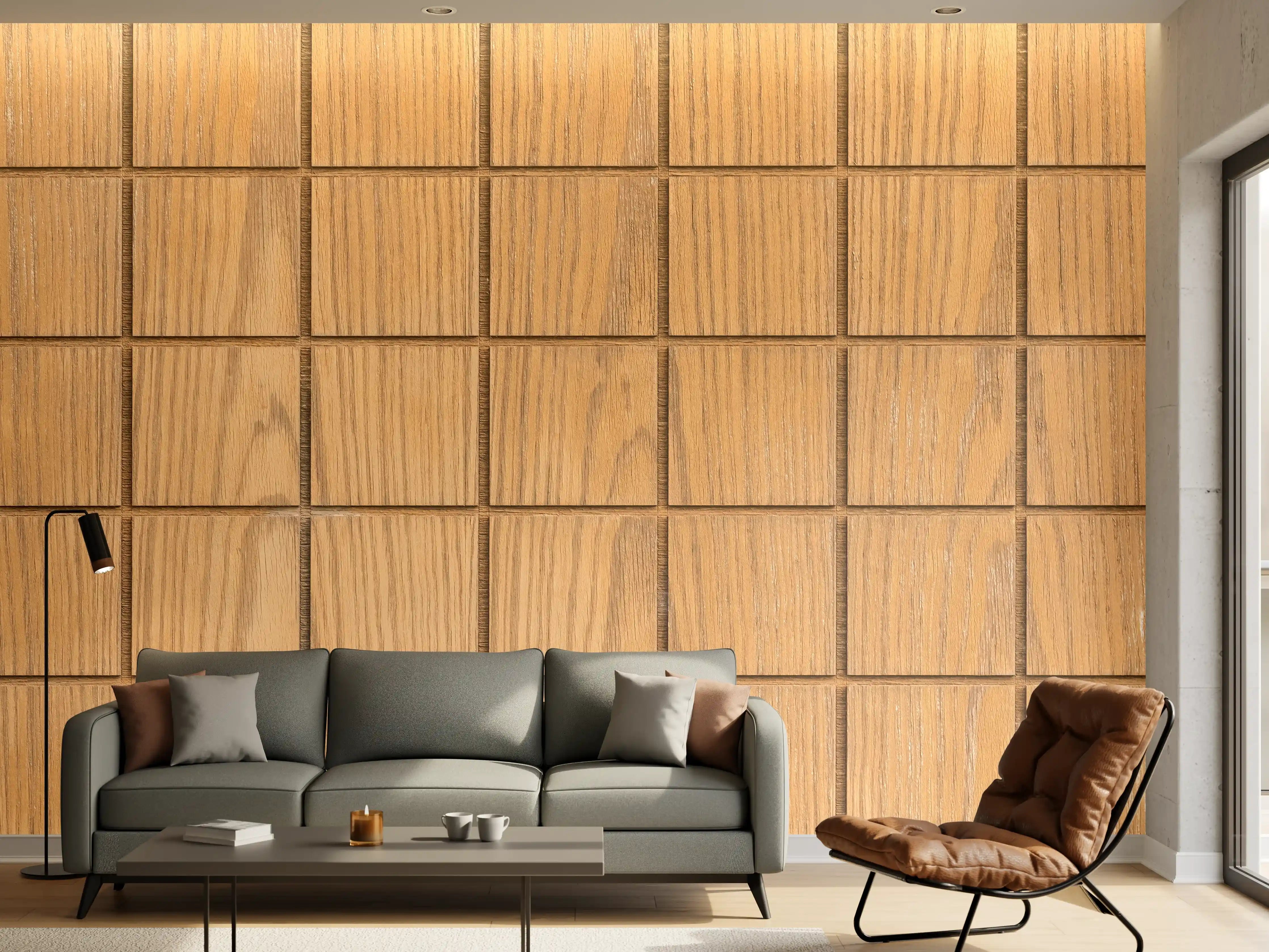 Wandverkleidung Wohnzimmer - Holzdiele mit quadratischen Fliesen