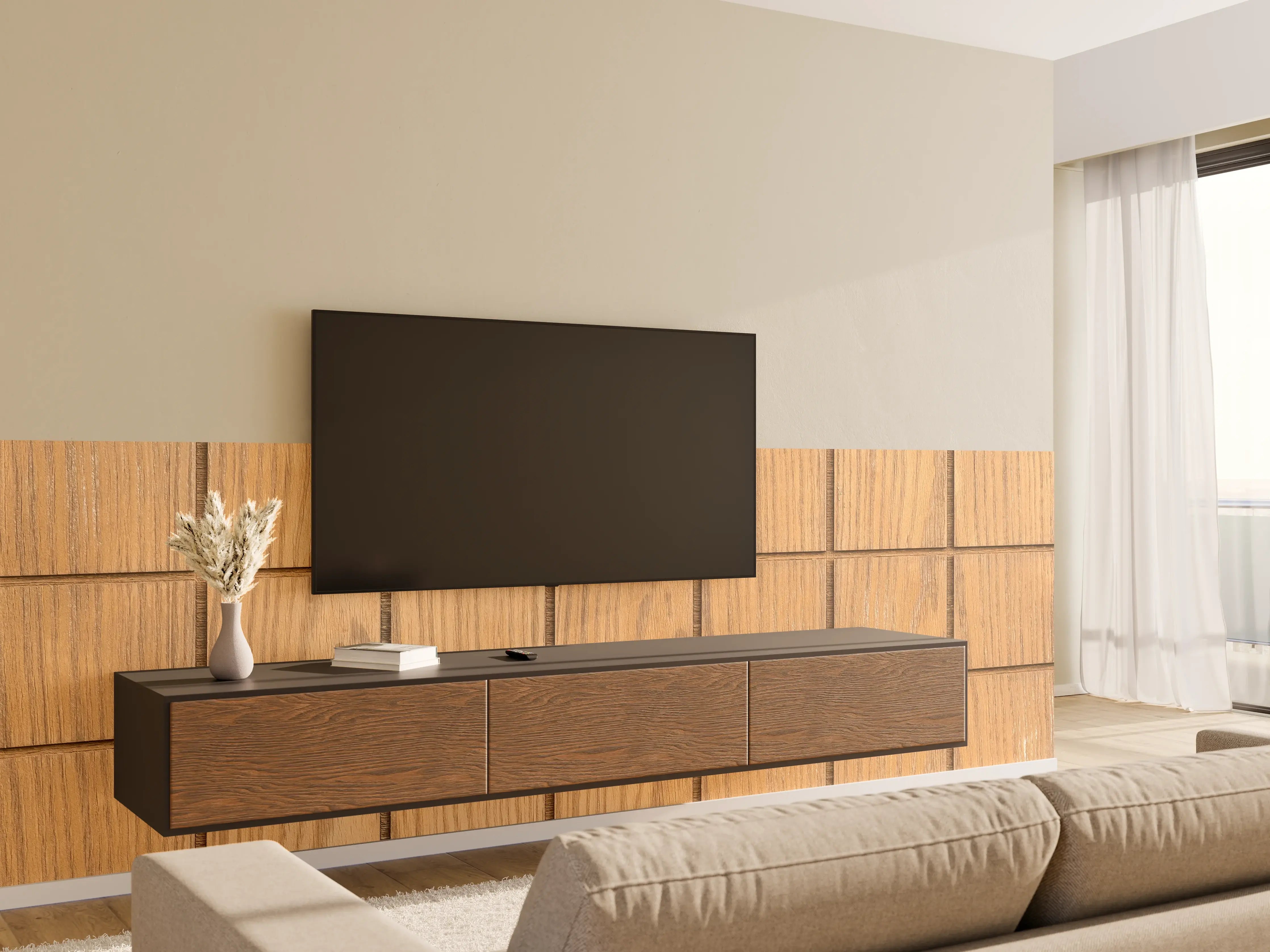 Wandverkleidung Wohnzimmer - Holzdiele mit quadratischen Fliesen