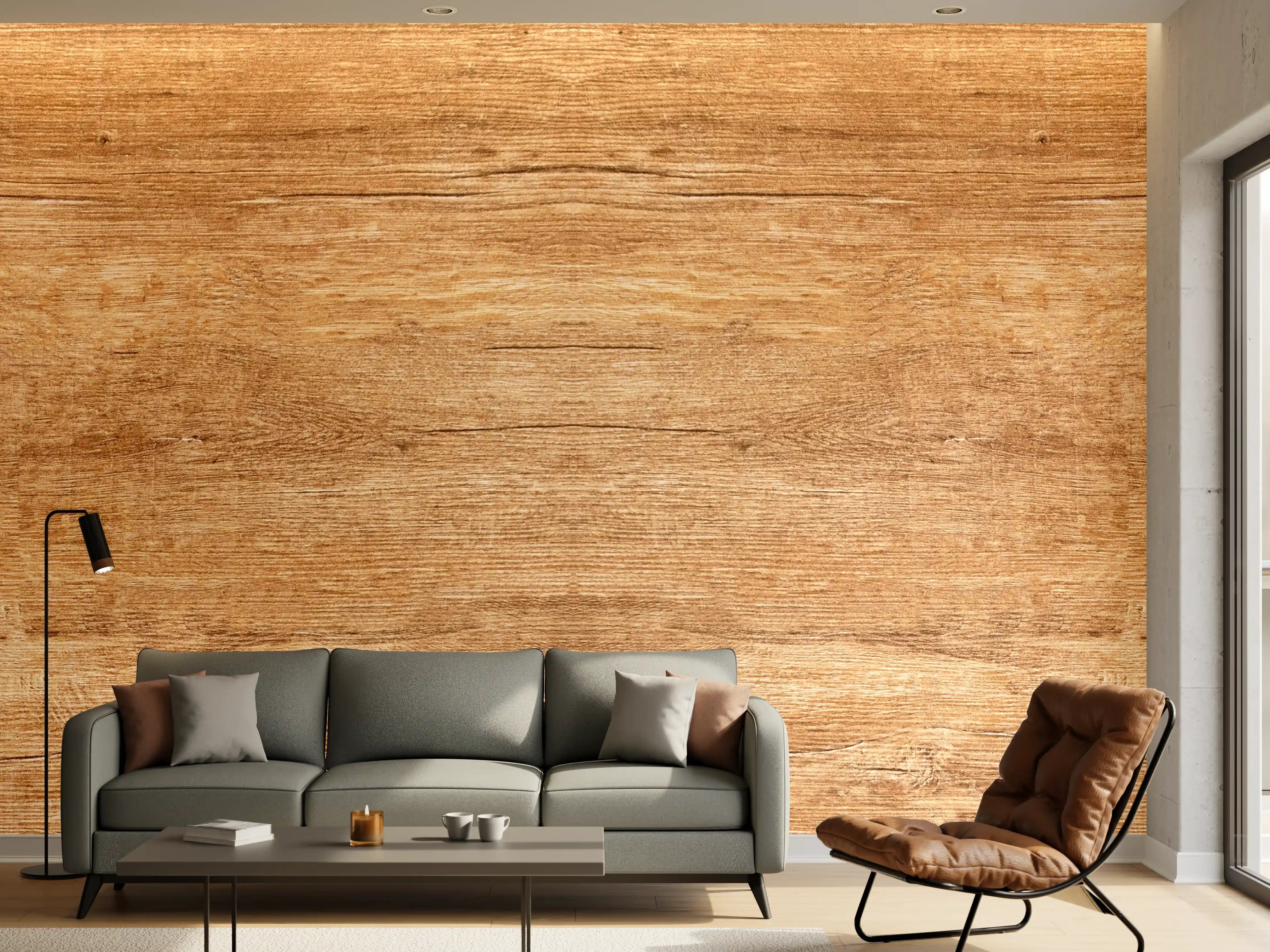 Wandverkleidung Wohnzimmer - Holzmaserung in warmen Tönen