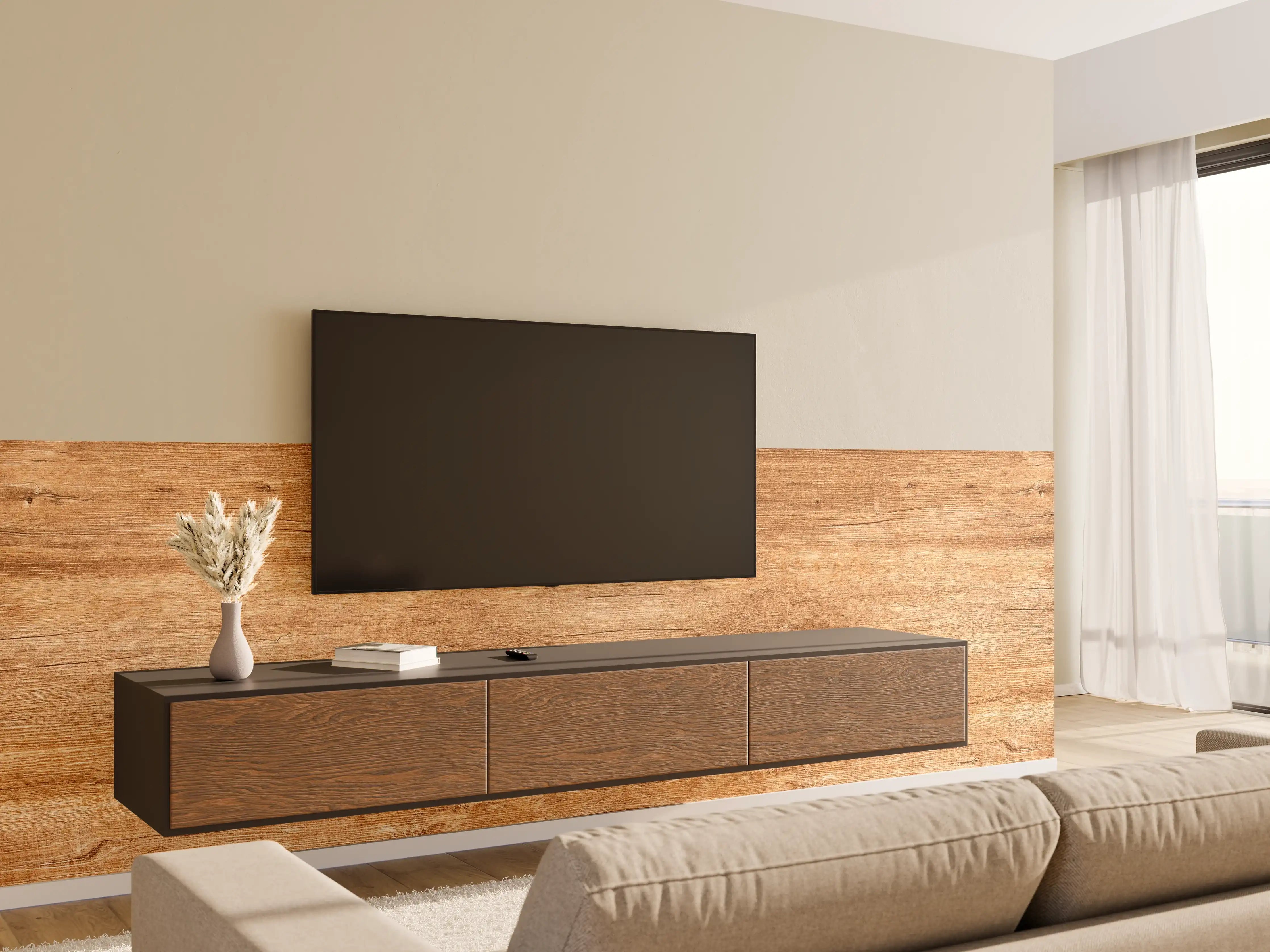 Wandverkleidung Wohnzimmer - Holzmaserung in warmen Tönen