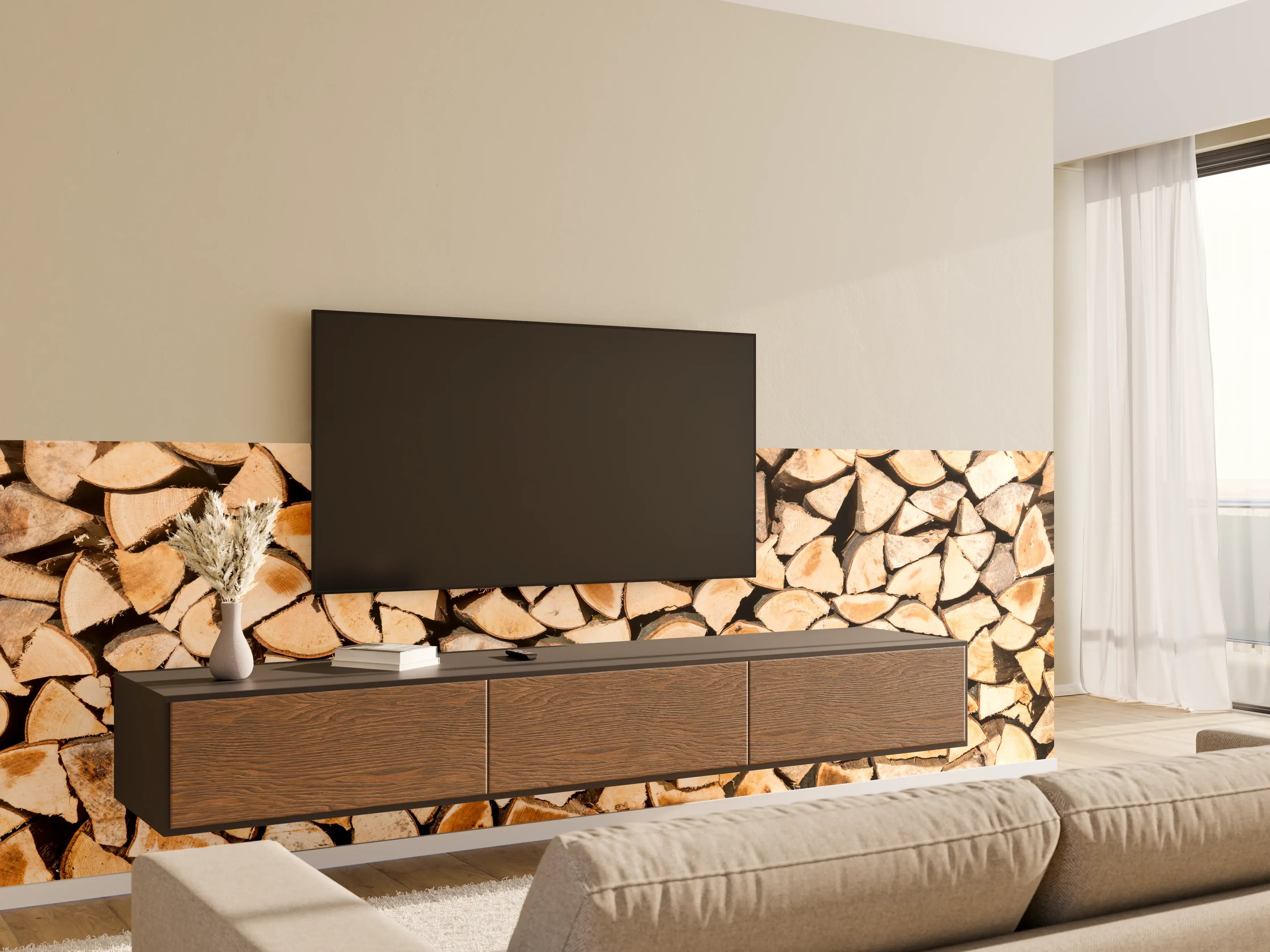 Wandverkleidung Wohnzimmer - Holzscheite Panorama