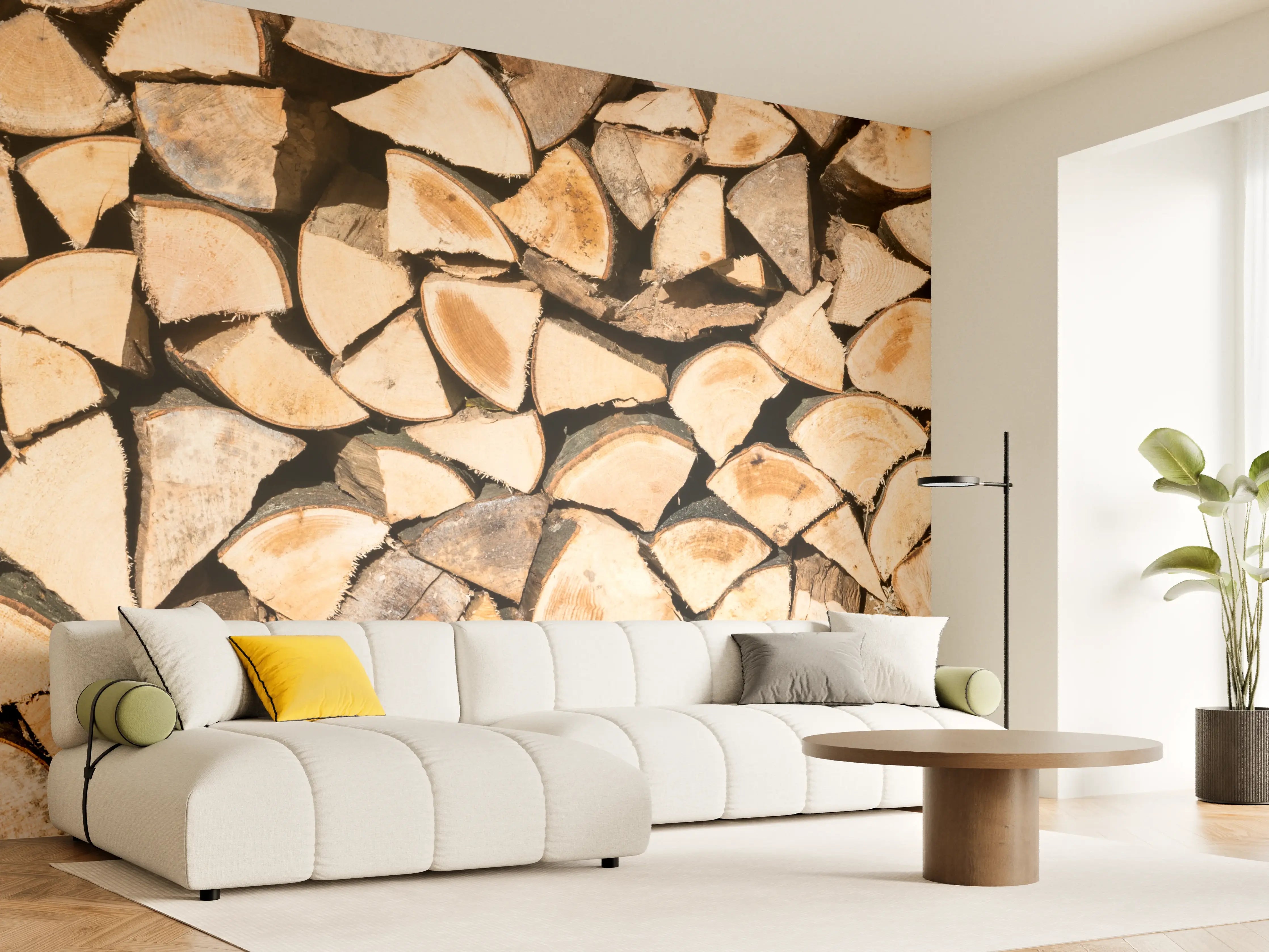 Wandverkleidung Wohnzimmer - Holzscheite Panorama
