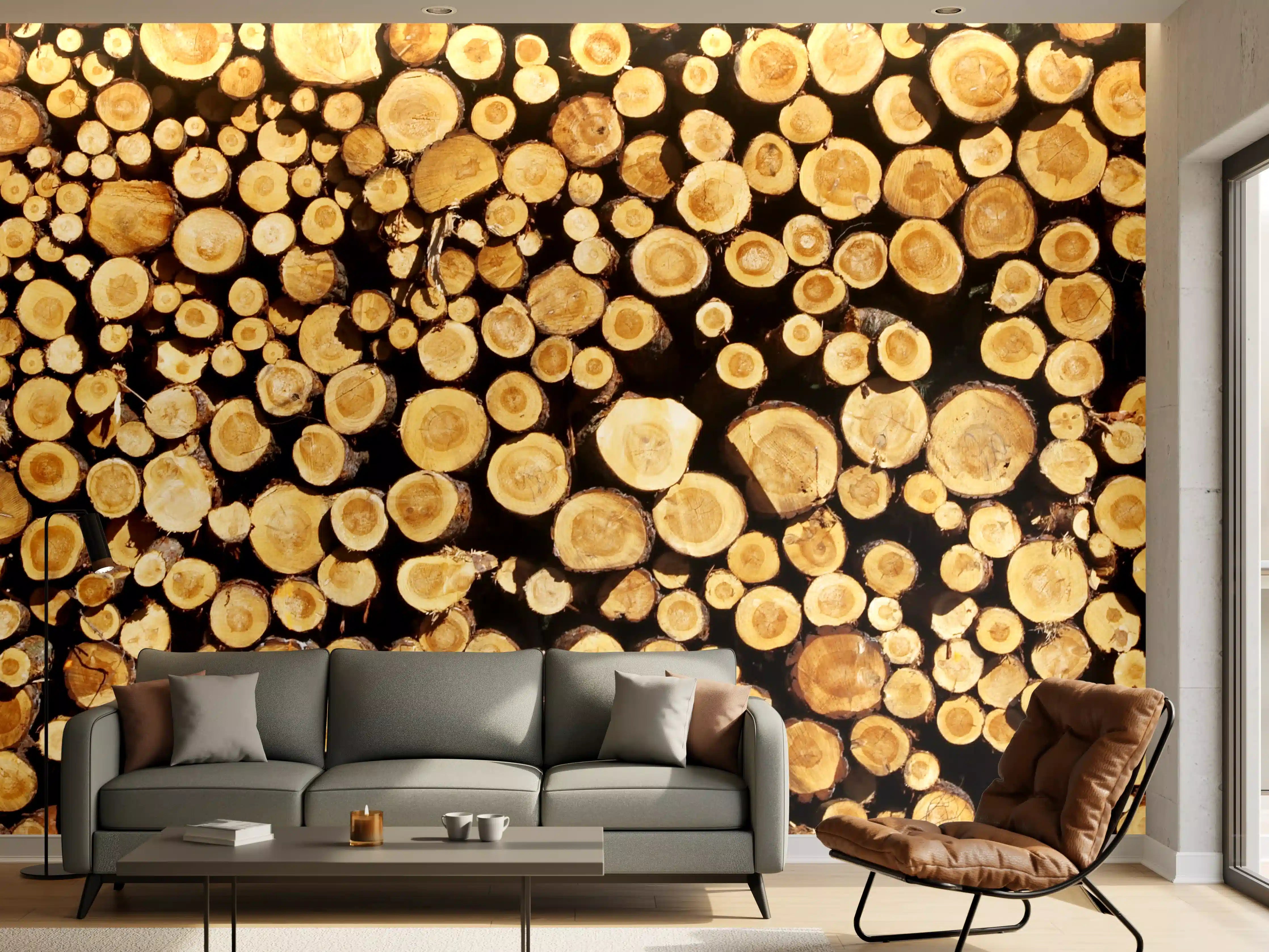 Wandverkleidung Wohnzimmer - Holzstämme in Nahaufnahme