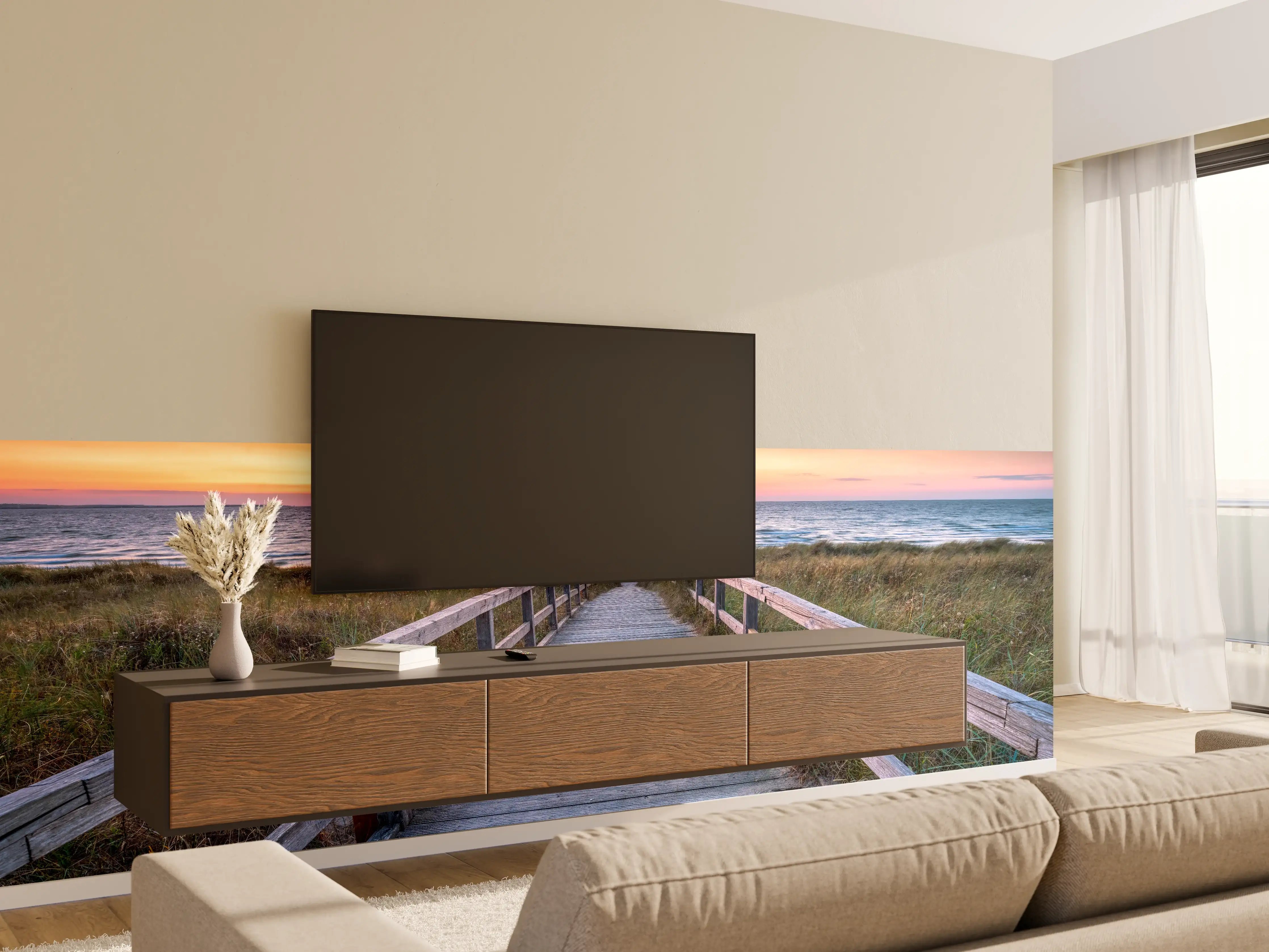 Wandverkleidung Wohnzimmer - Holzsteg am Strand