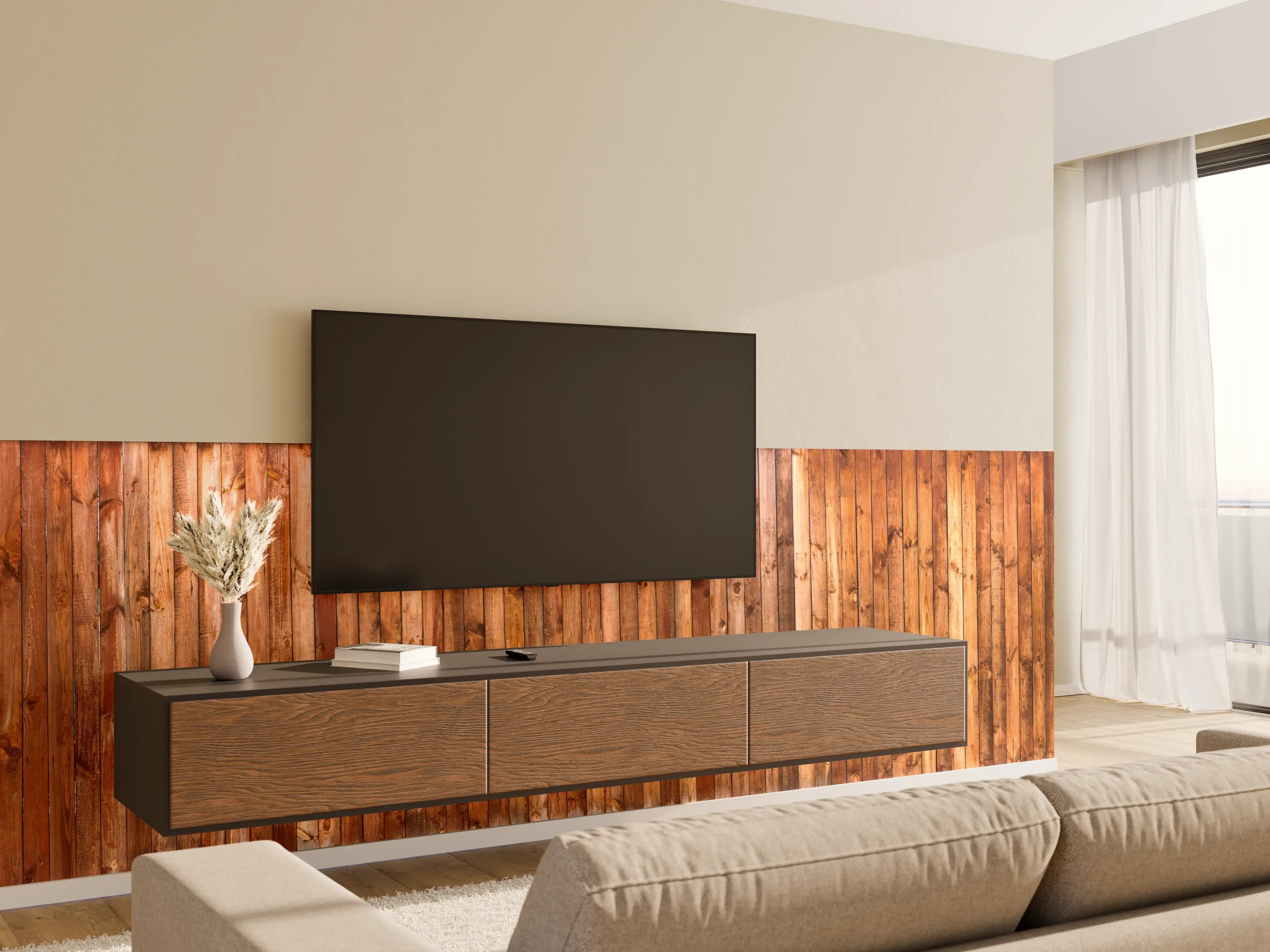 Wandverkleidung Wohnzimmer - Holzstruktur Planken Panorama