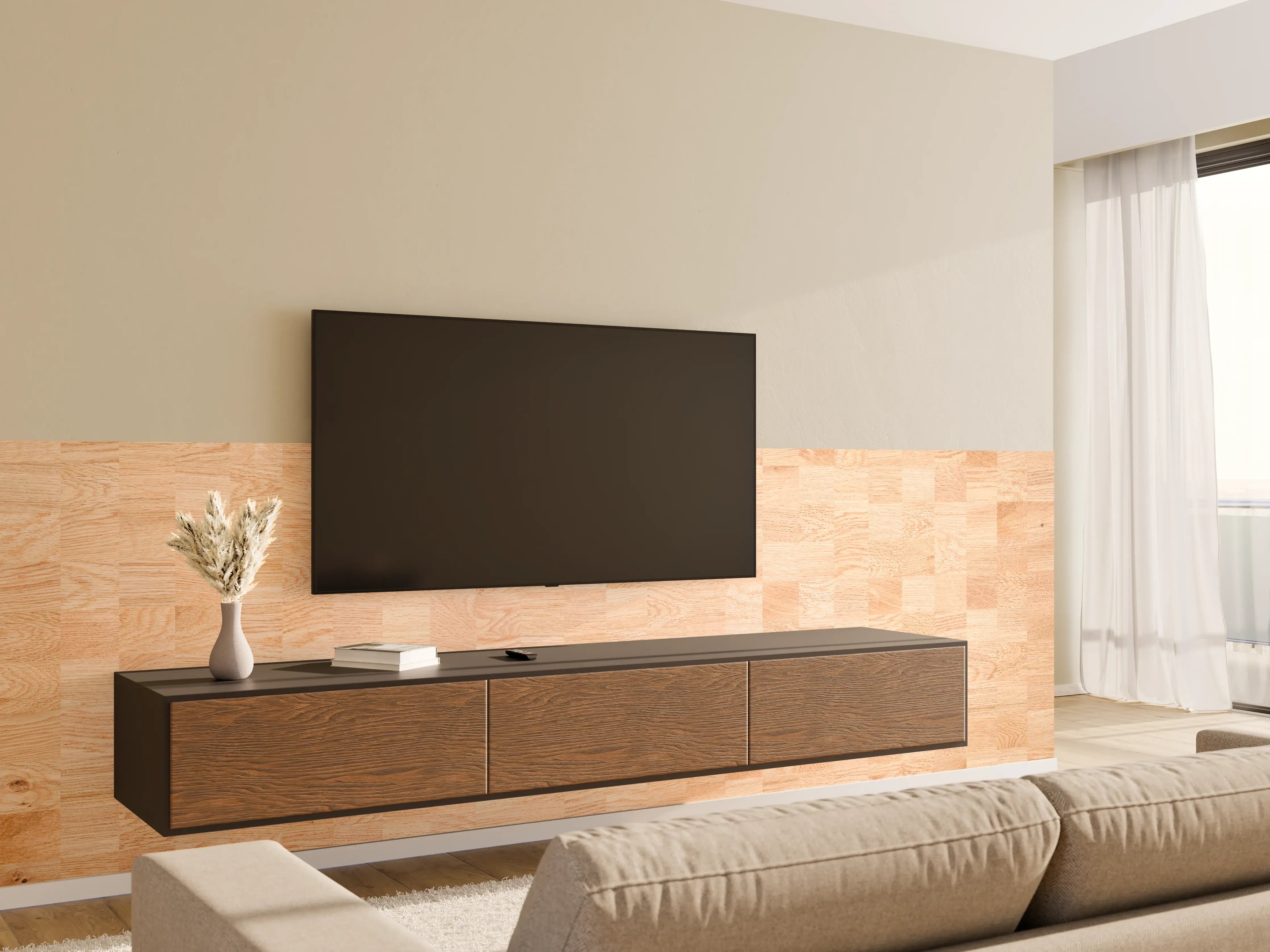 Wandverkleidung Wohnzimmer - Holztextur aus Eschenholz