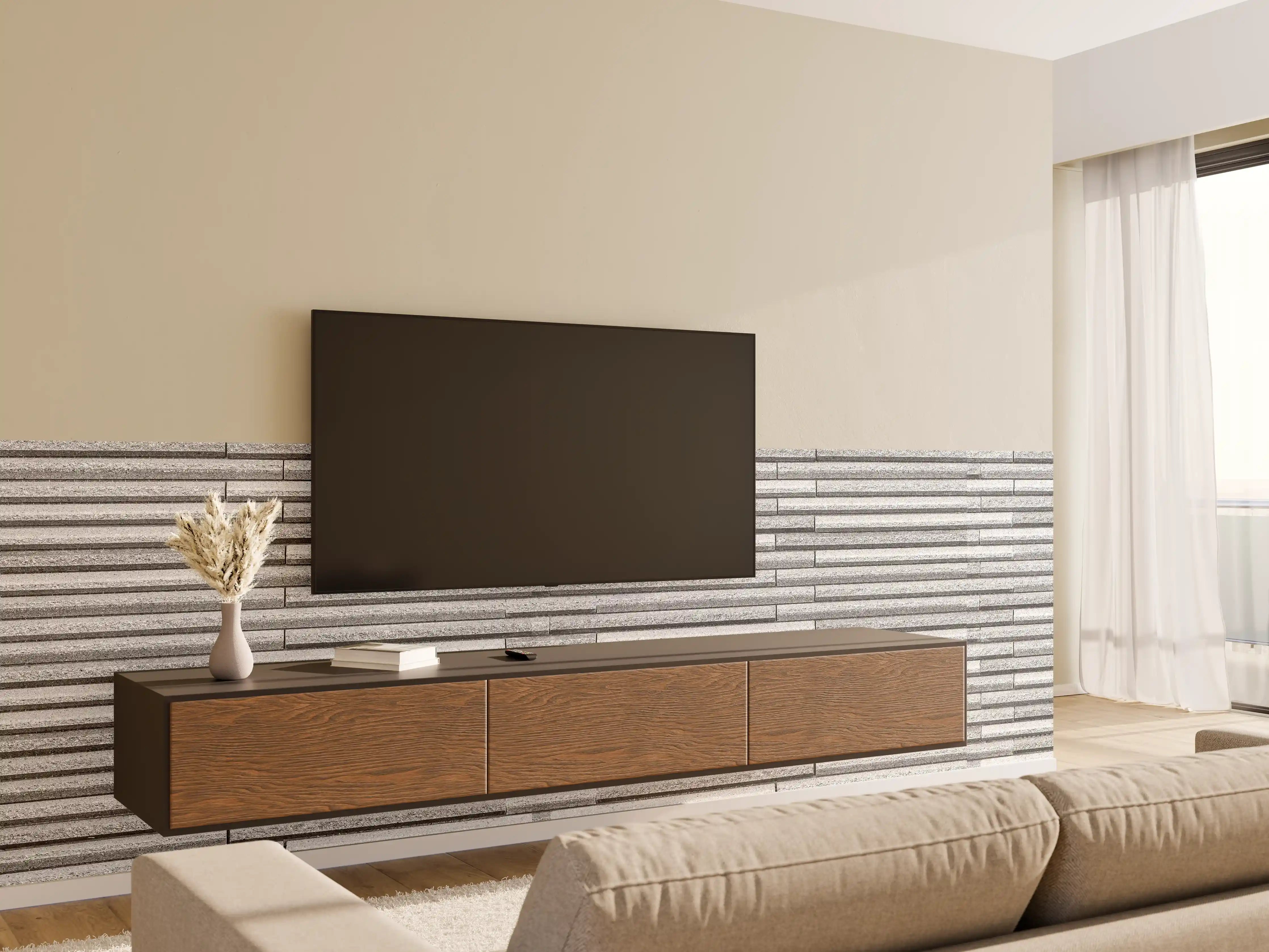 Wandverkleidung Wohnzimmer - Horizontale weiße Steinwand Textur