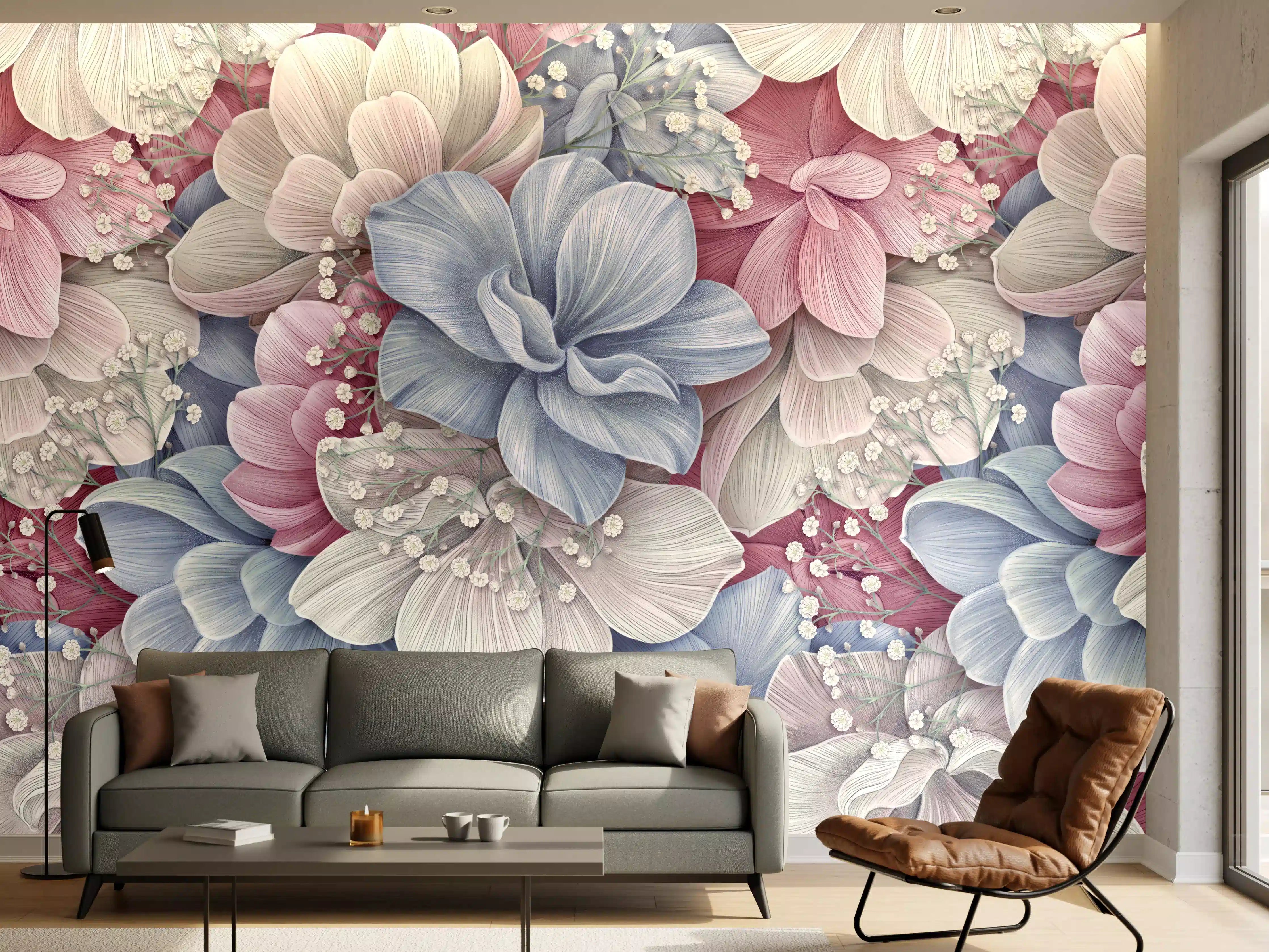 Wandverkleidung Wohnzimmer - Hortensienblüten - Aquarellmalerei