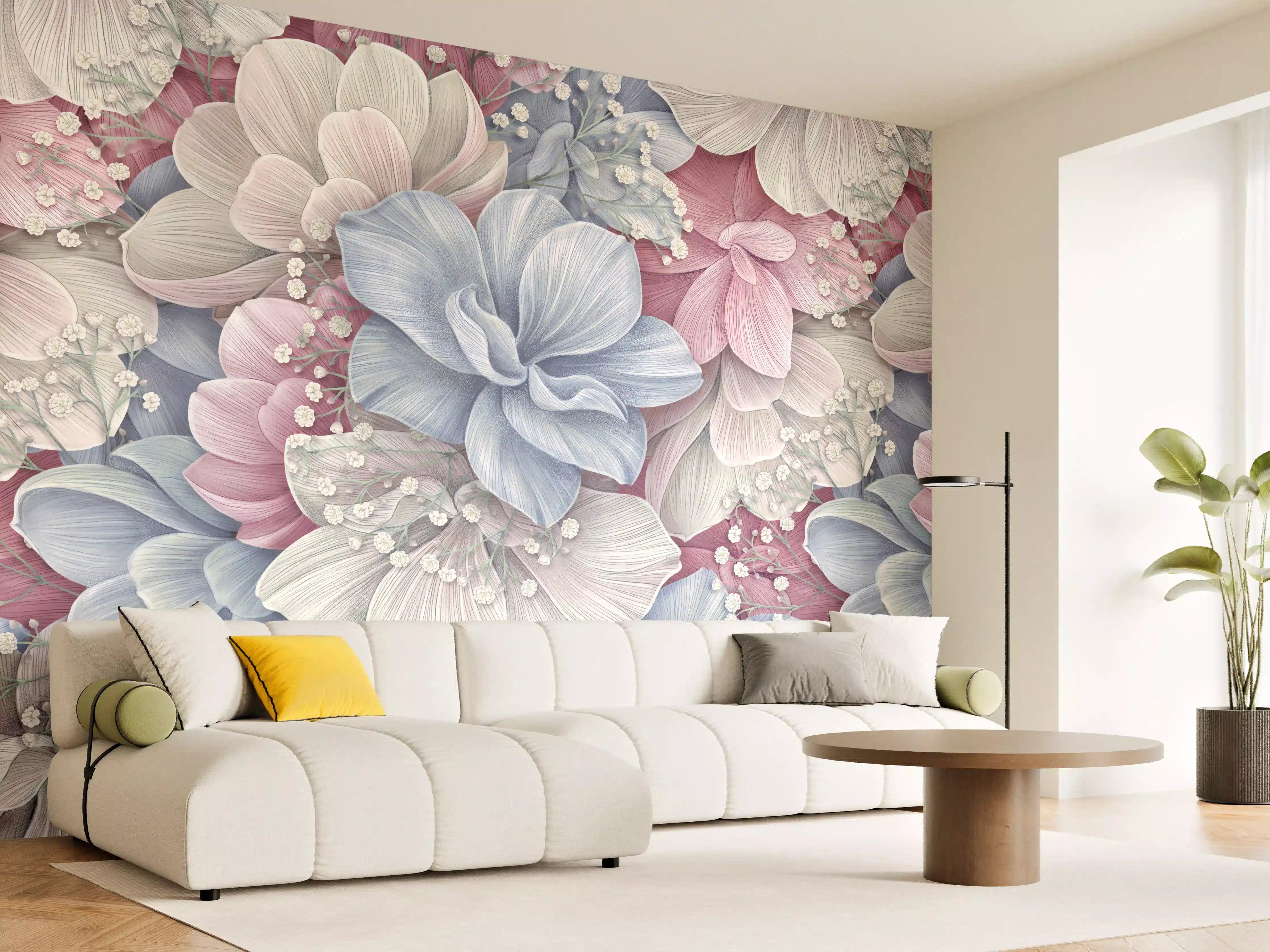 Wandverkleidung Wohnzimmer - Hortensienblüten - Aquarellmalerei