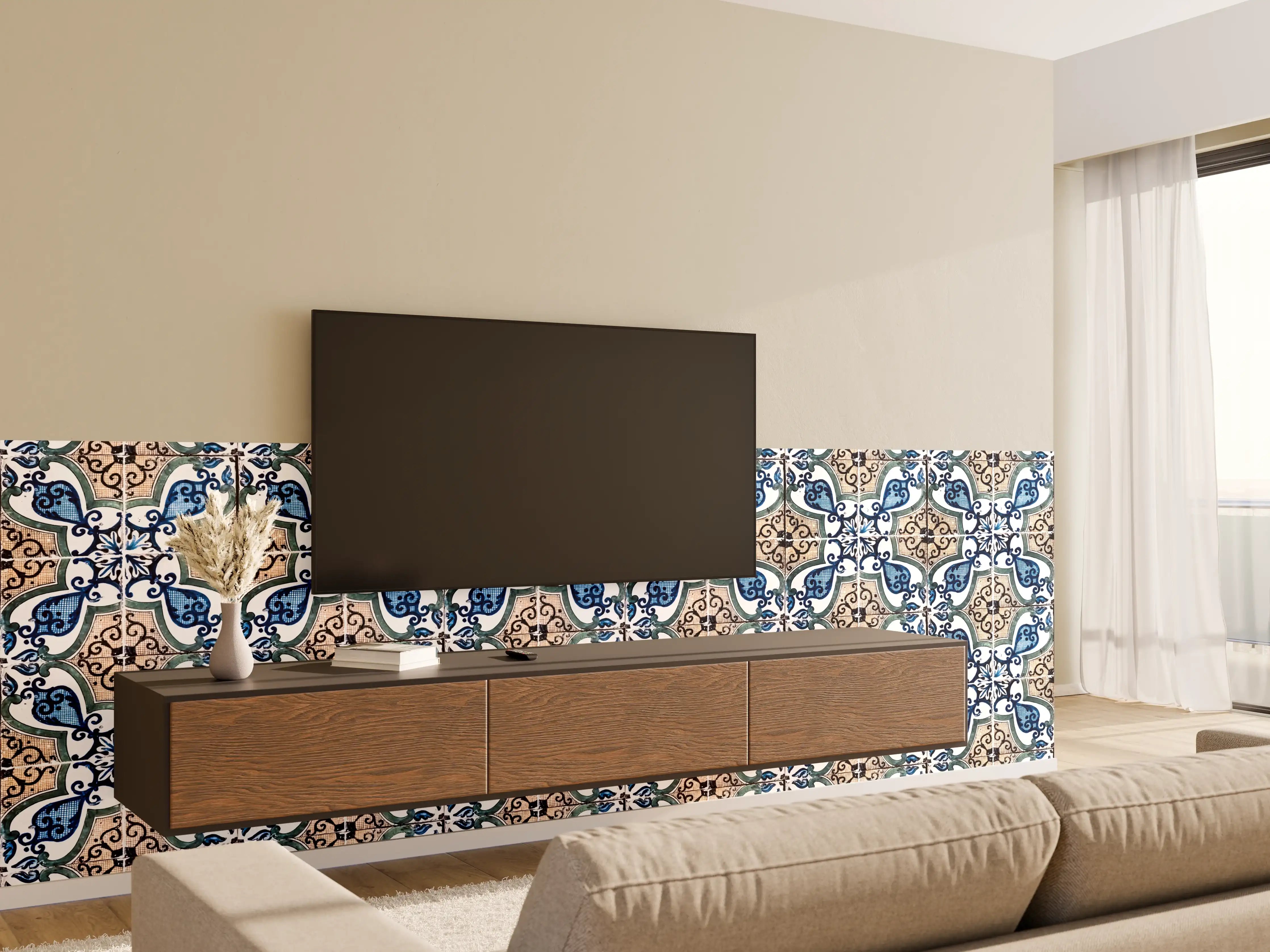 Wandverkleidung Wohnzimmer - Hübsches Fliesenmuster in Blau und Beige