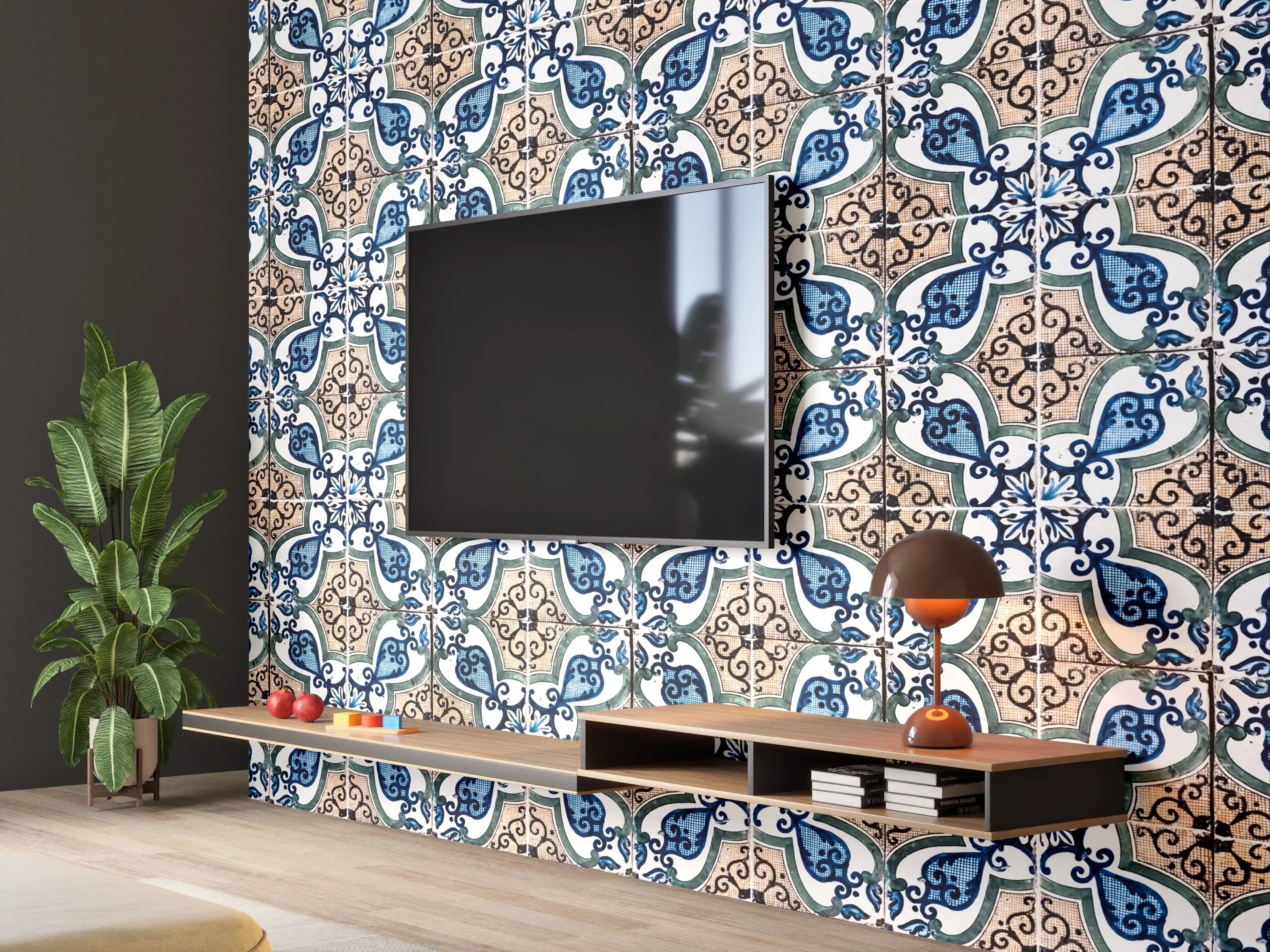 Wandverkleidung Wohnzimmer - Hübsches Fliesenmuster in Blau und Beige