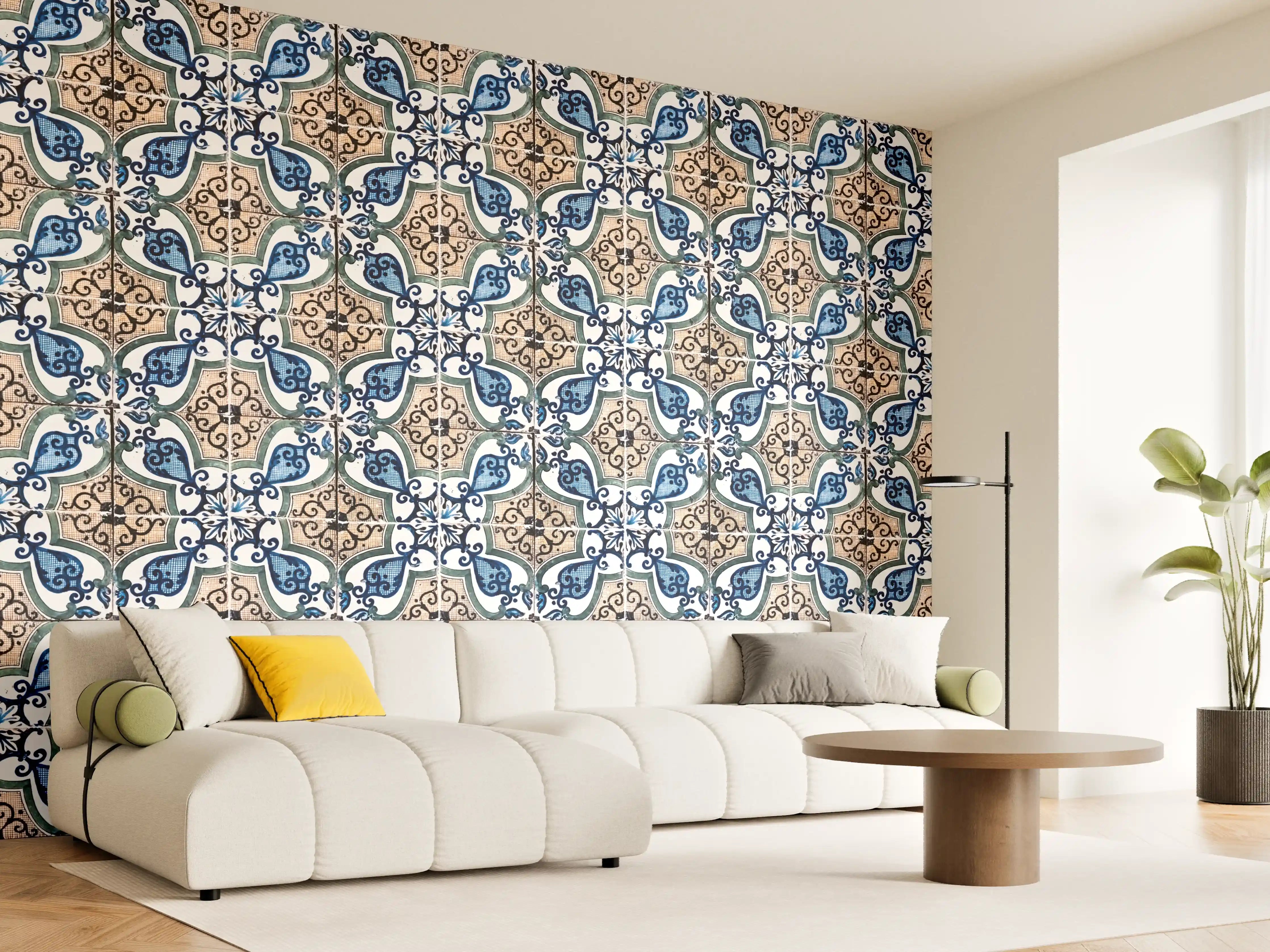 Wandverkleidung Wohnzimmer - Hübsches Fliesenmuster in Blau und Beige