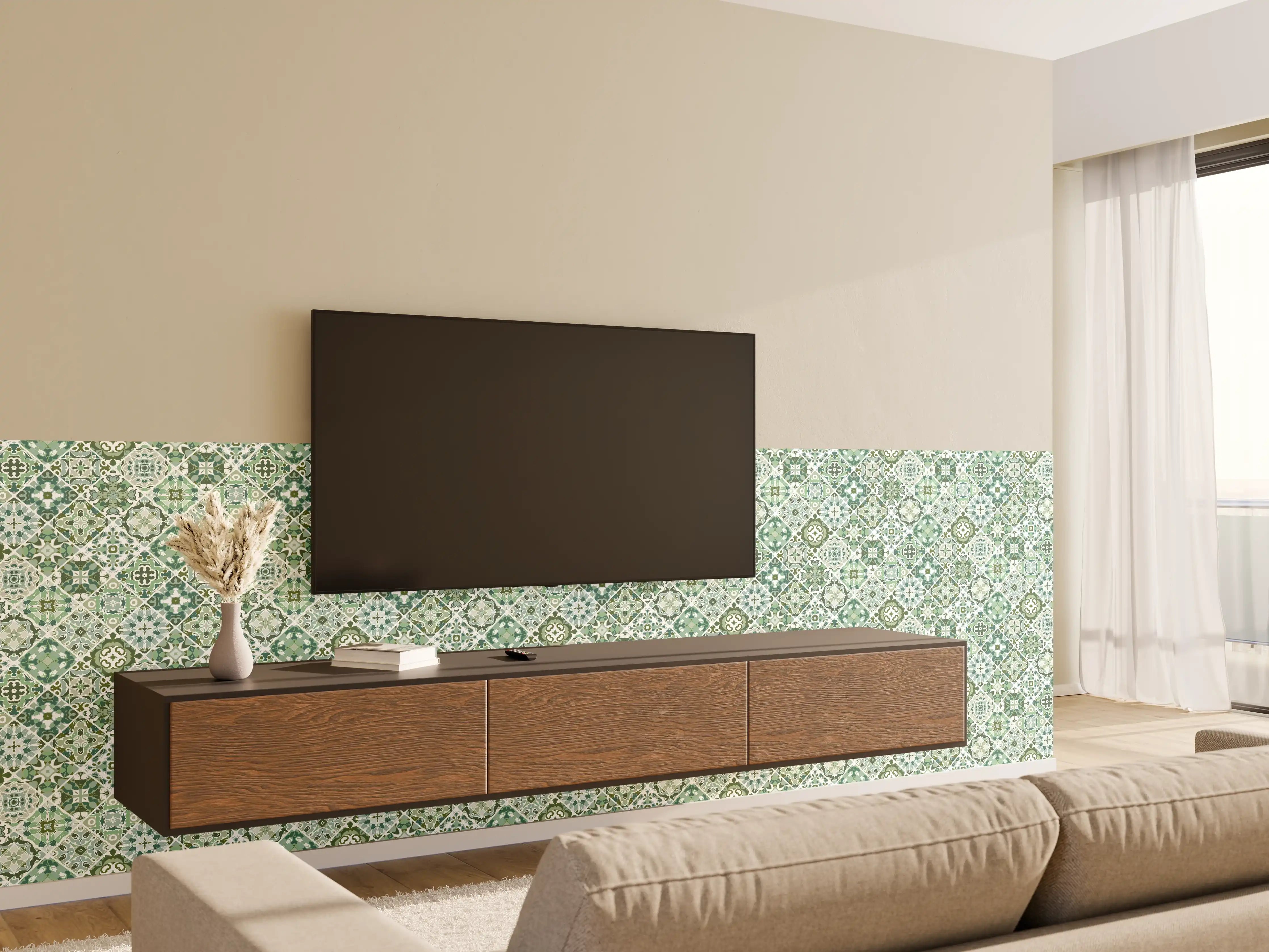 Wandverkleidung Wohnzimmer - Hübsches Muster in sanften Grüntönen