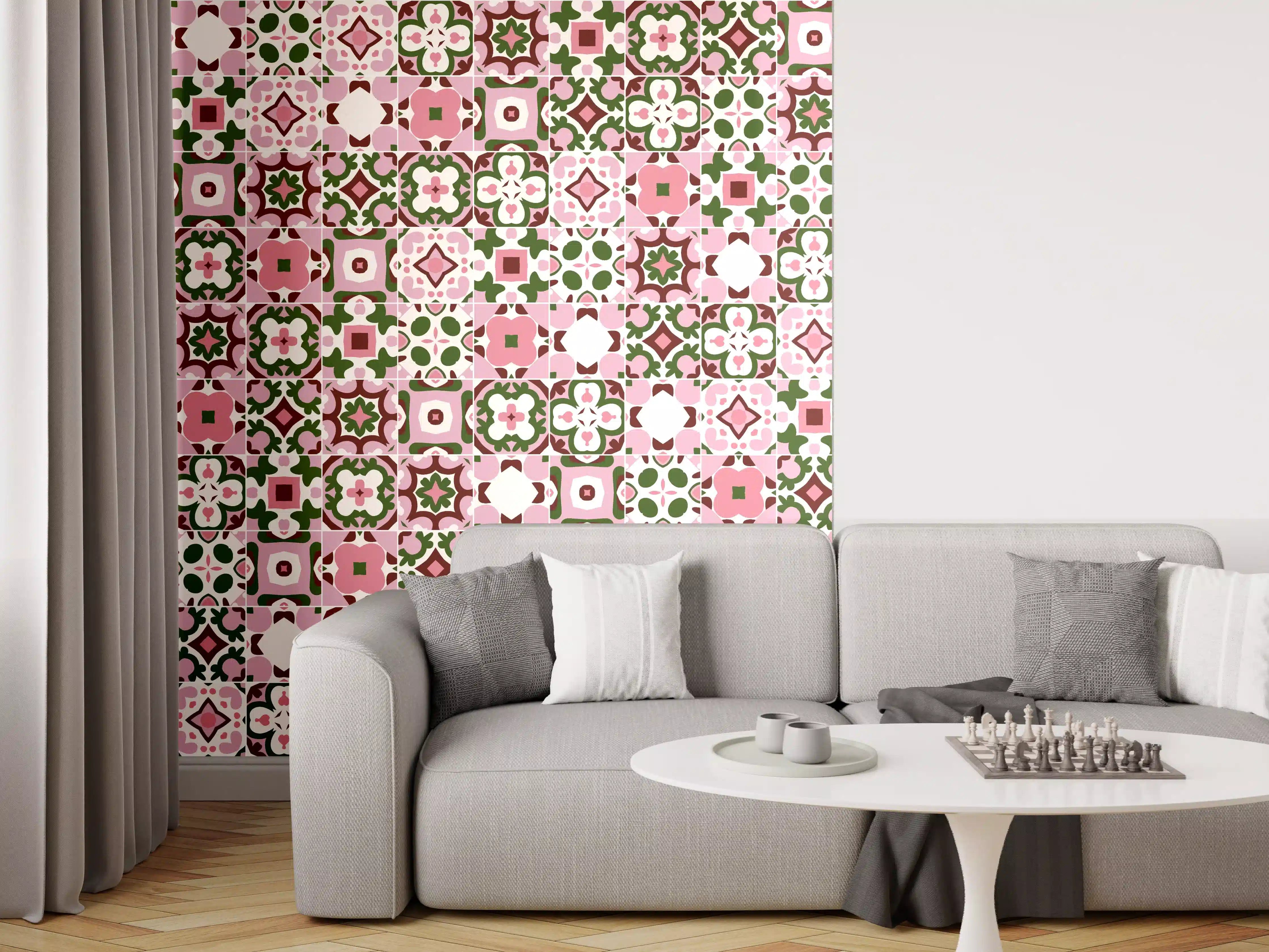 Wandverkleidung Wohnzimmer - Hübsches florales Muster in Rosa und Grün