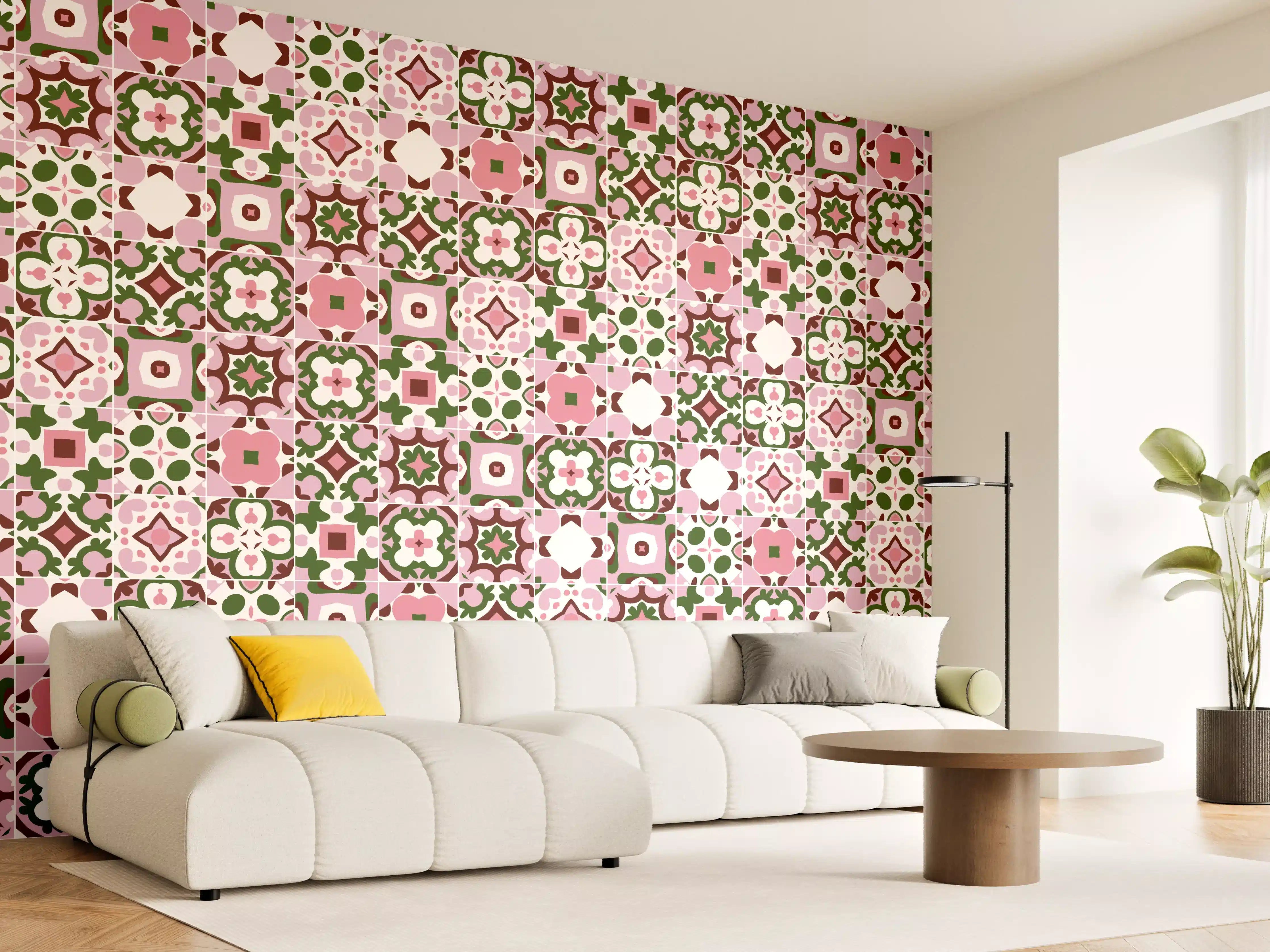 Wandverkleidung Wohnzimmer - Hübsches florales Muster in Rosa und Grün