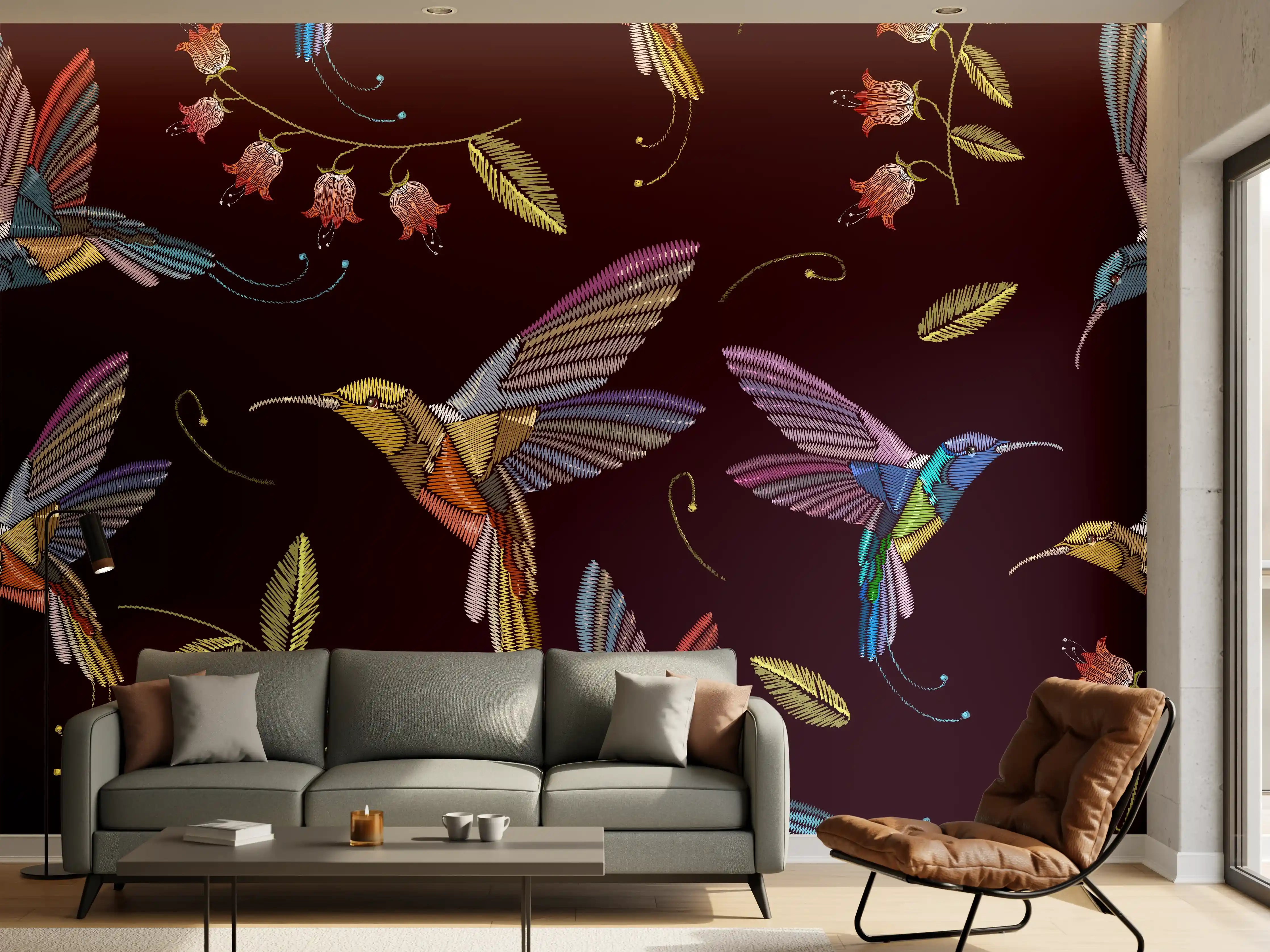 Wandverkleidung Wohnzimmer - Hummingbirds and Flowers - Vibrant Nature Pattern