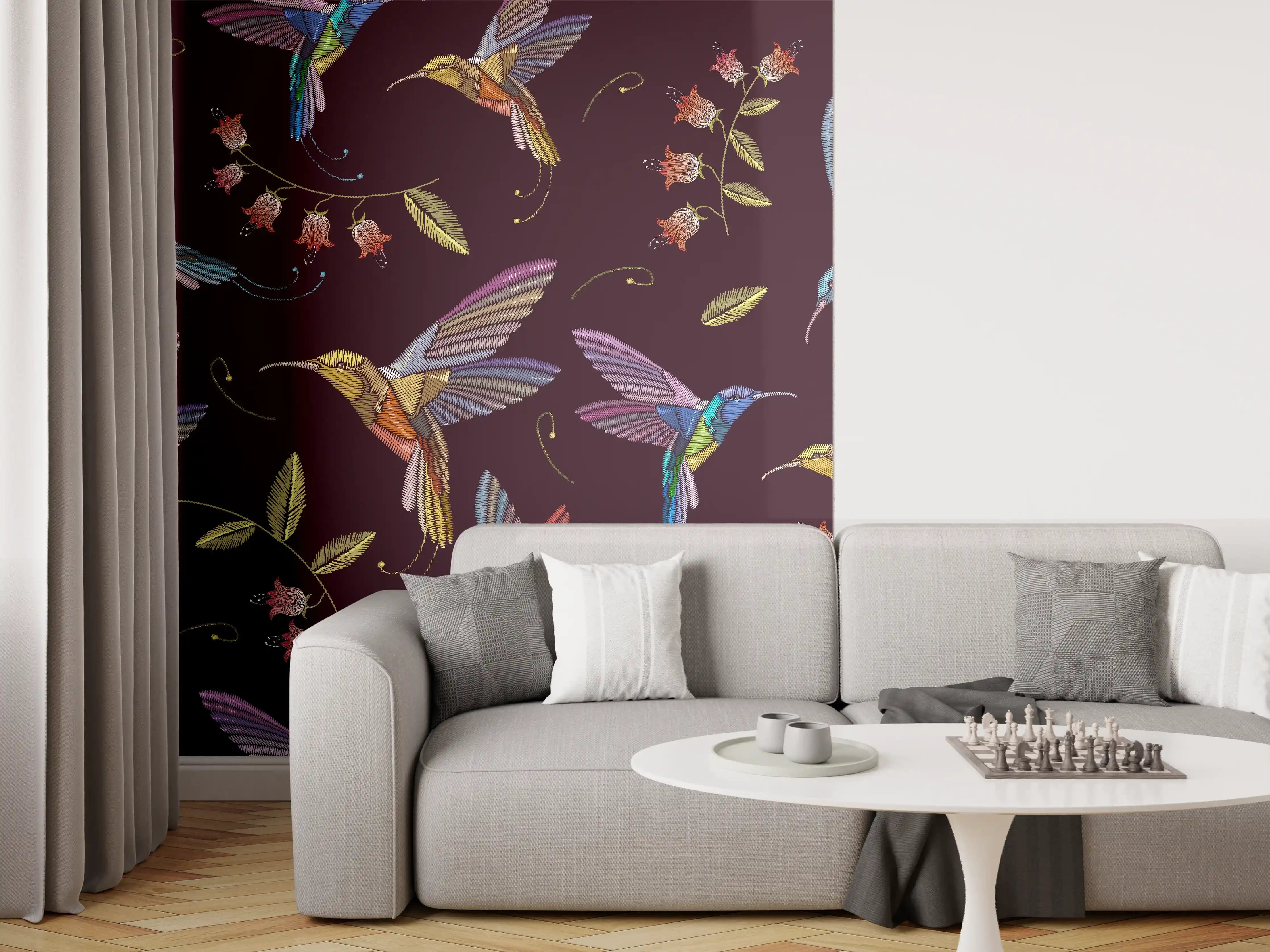 Wandverkleidung Wohnzimmer - Hummingbirds and Flowers - Vibrant Nature Pattern