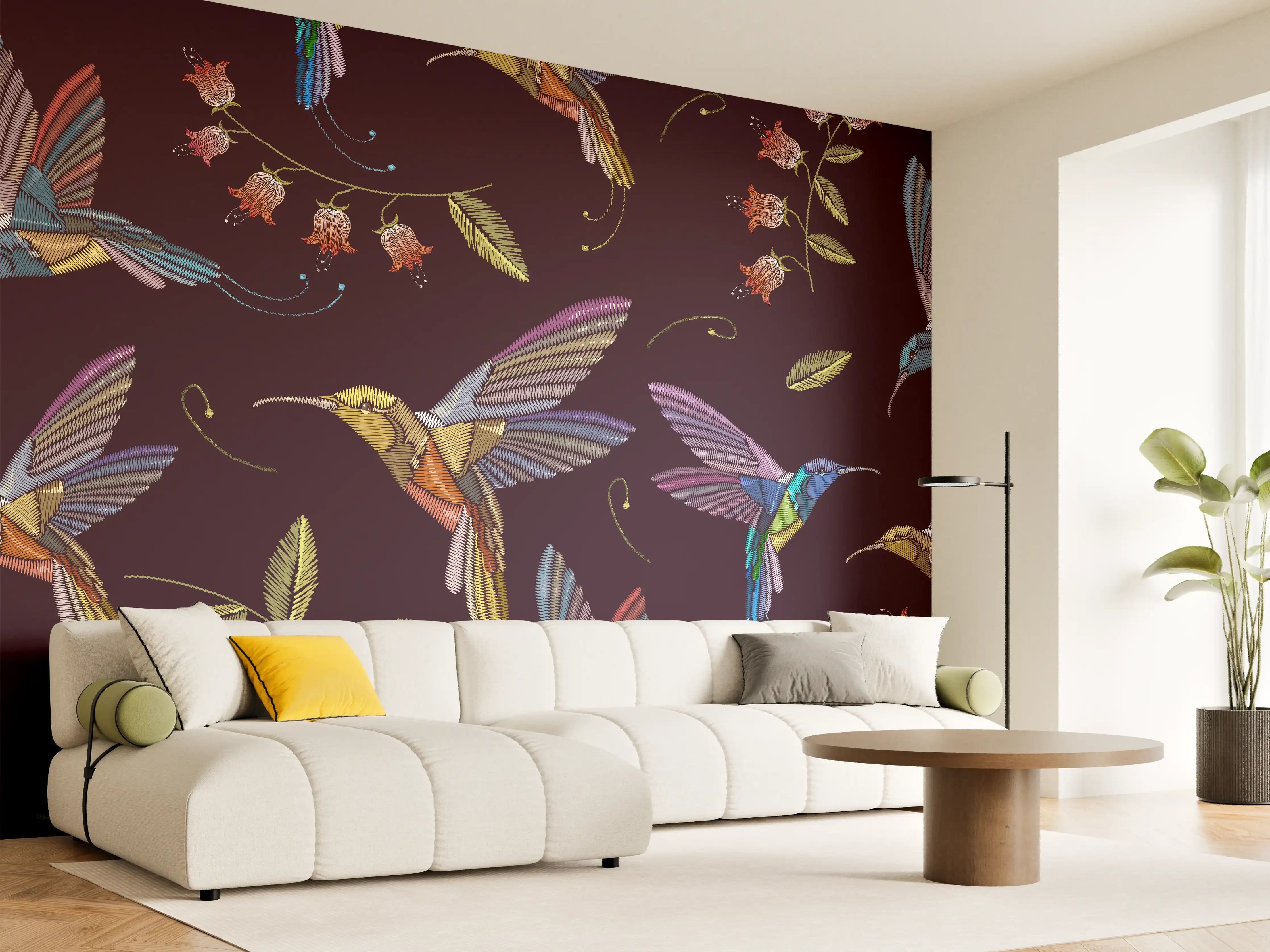 Wandverkleidung Wohnzimmer - Hummingbirds and Flowers - Vibrant Nature Pattern