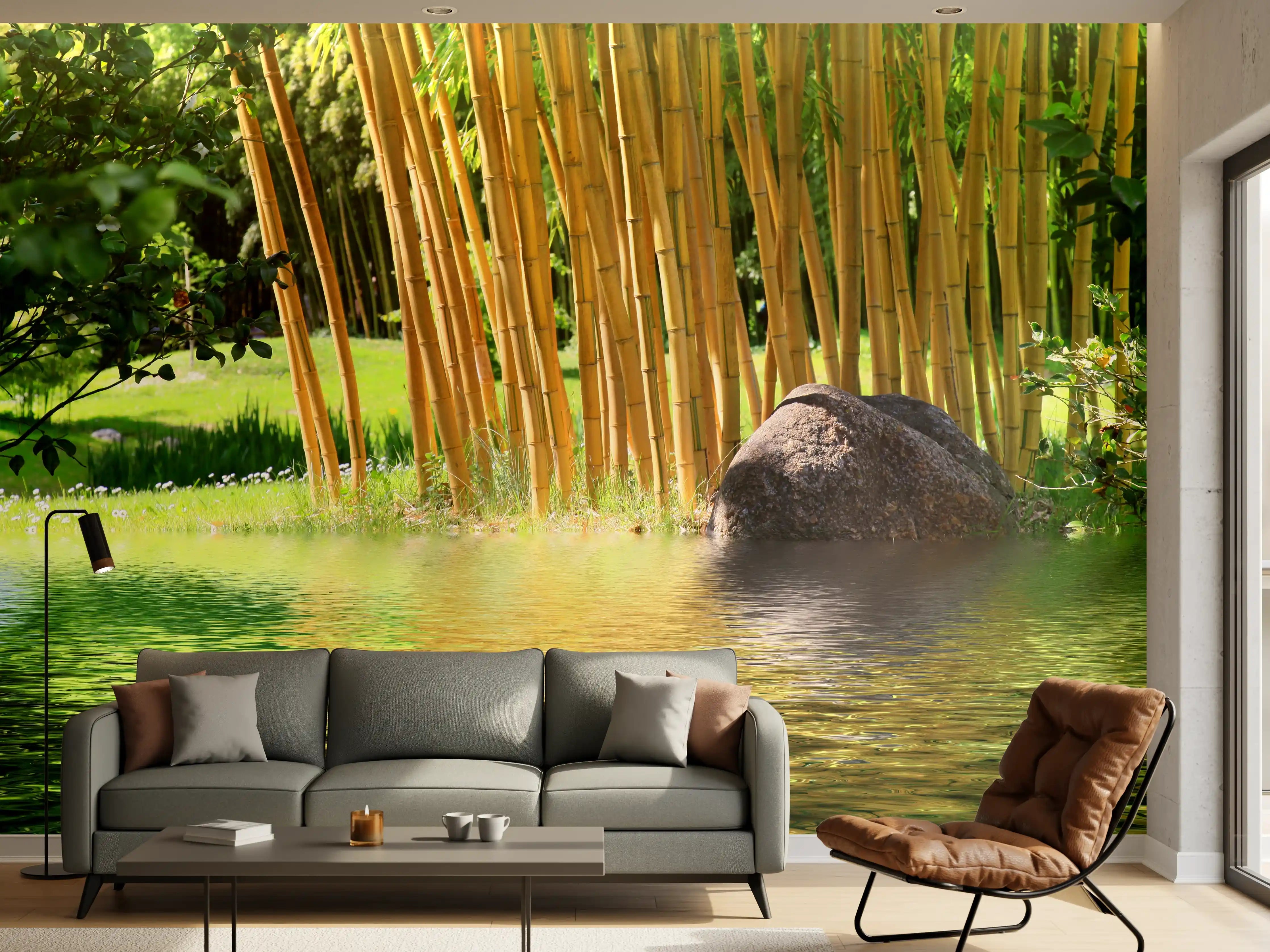 Wandverkleidung Wohnzimmer - Idyllische Bambus-Landschaft am Wasser