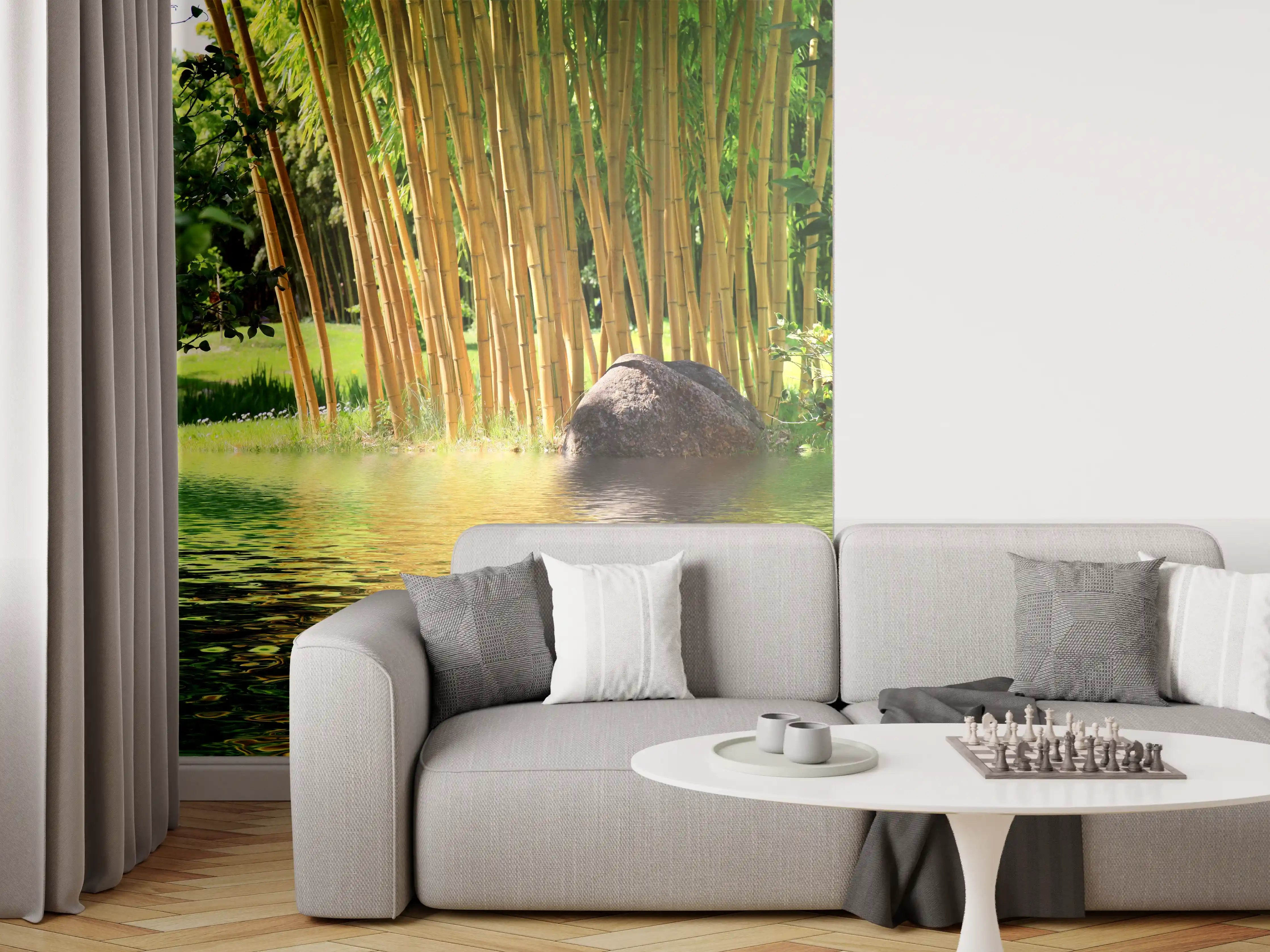 Wandverkleidung Wohnzimmer - Idyllische Bambus-Landschaft am Wasser