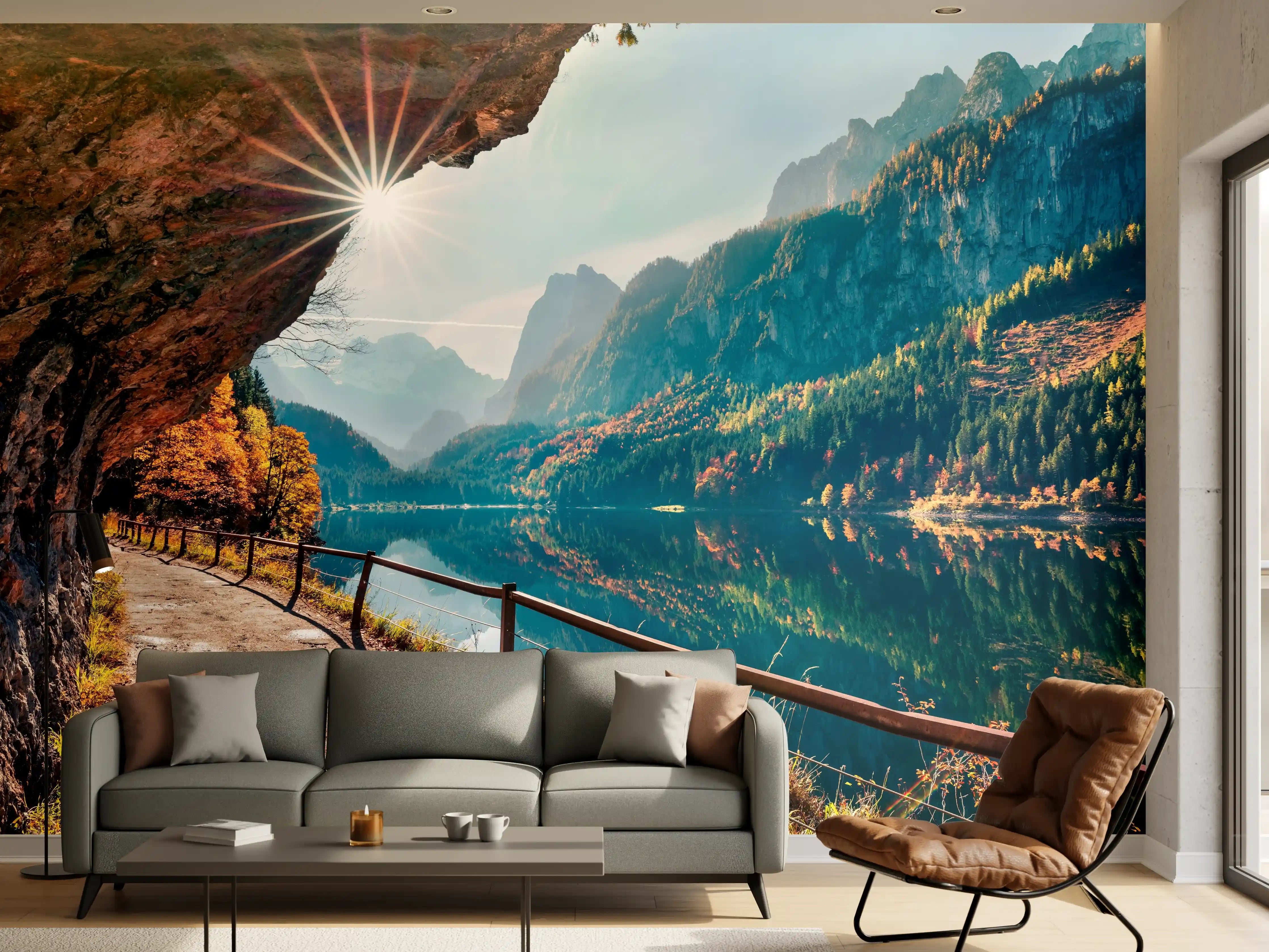 Wandverkleidung Wohnzimmer - Idyllische Berglandschaft am Wasser