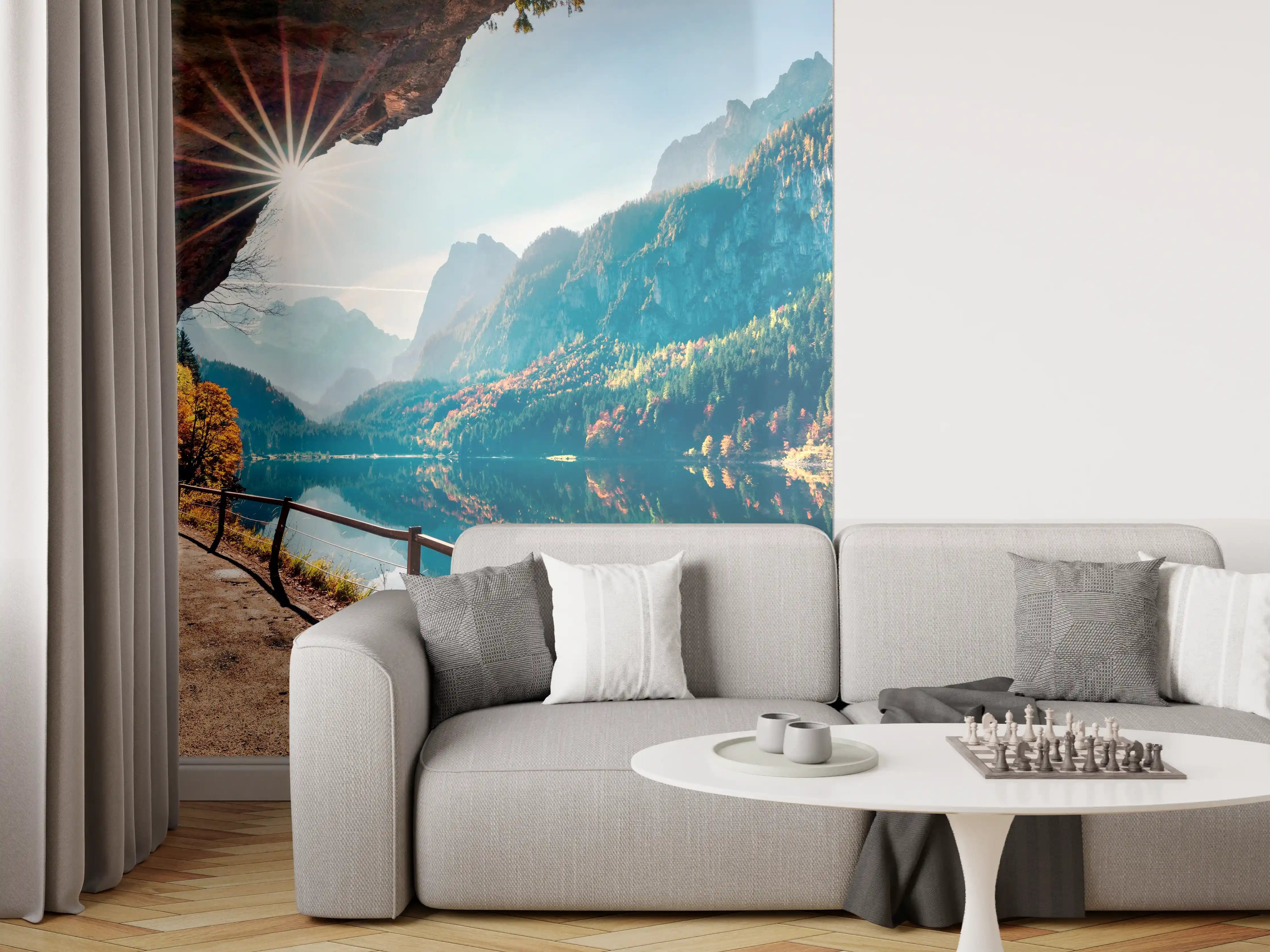 Wandverkleidung Wohnzimmer - Idyllische Berglandschaft am Wasser