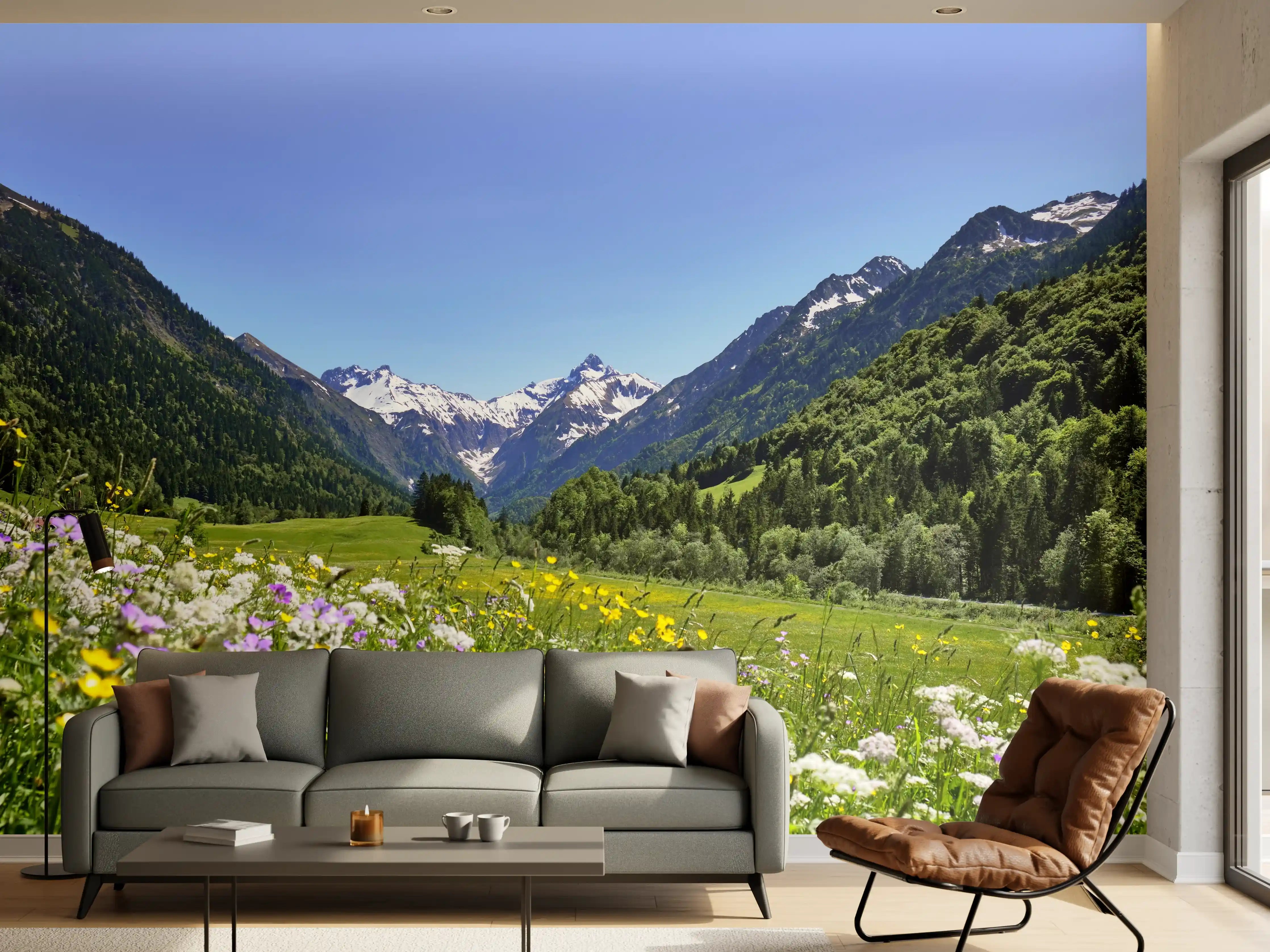Wandverkleidung Wohnzimmer - Idyllische Berglandschaft im Frühling