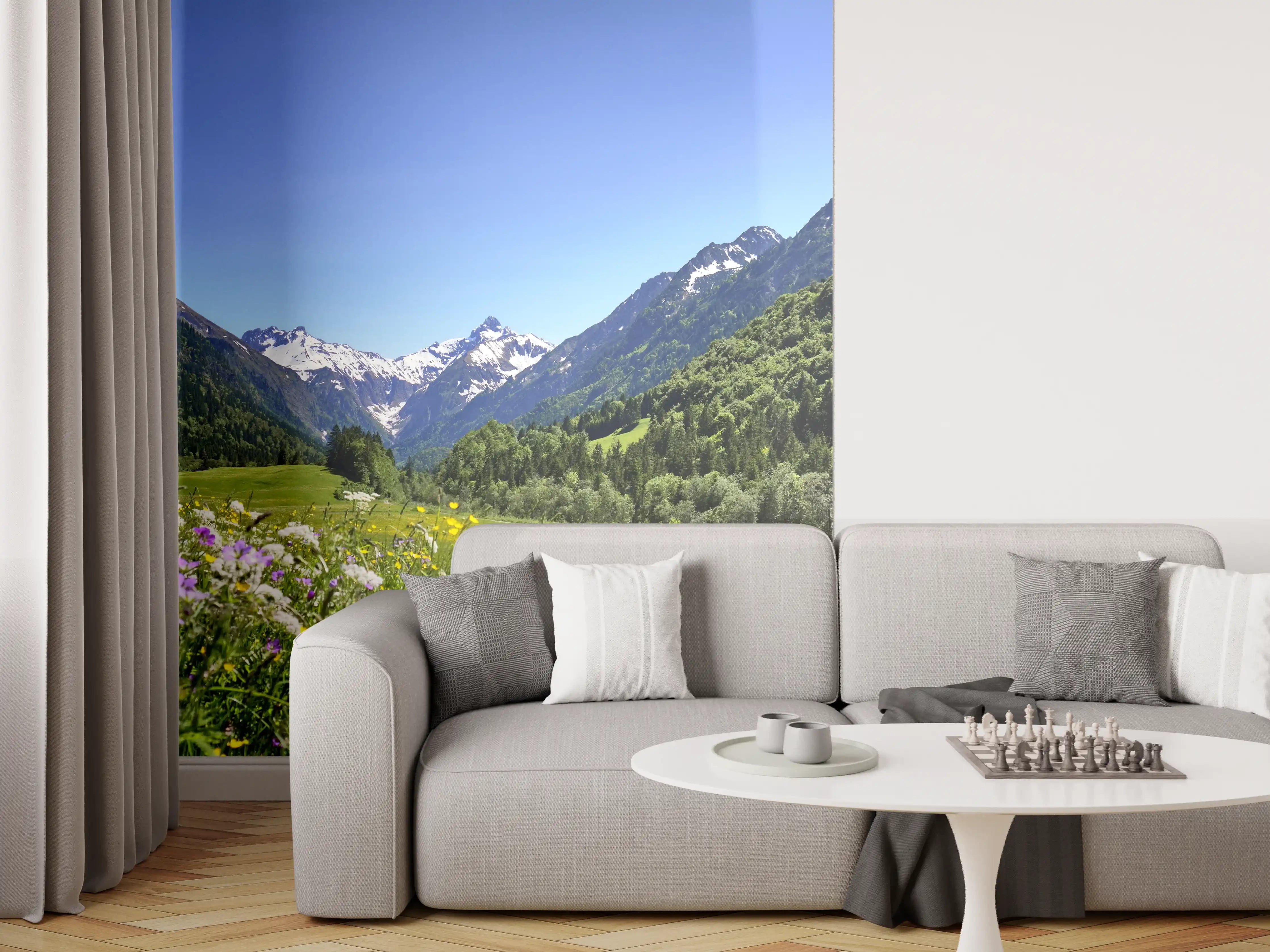 Wandverkleidung Wohnzimmer - Idyllische Berglandschaft im Frühling