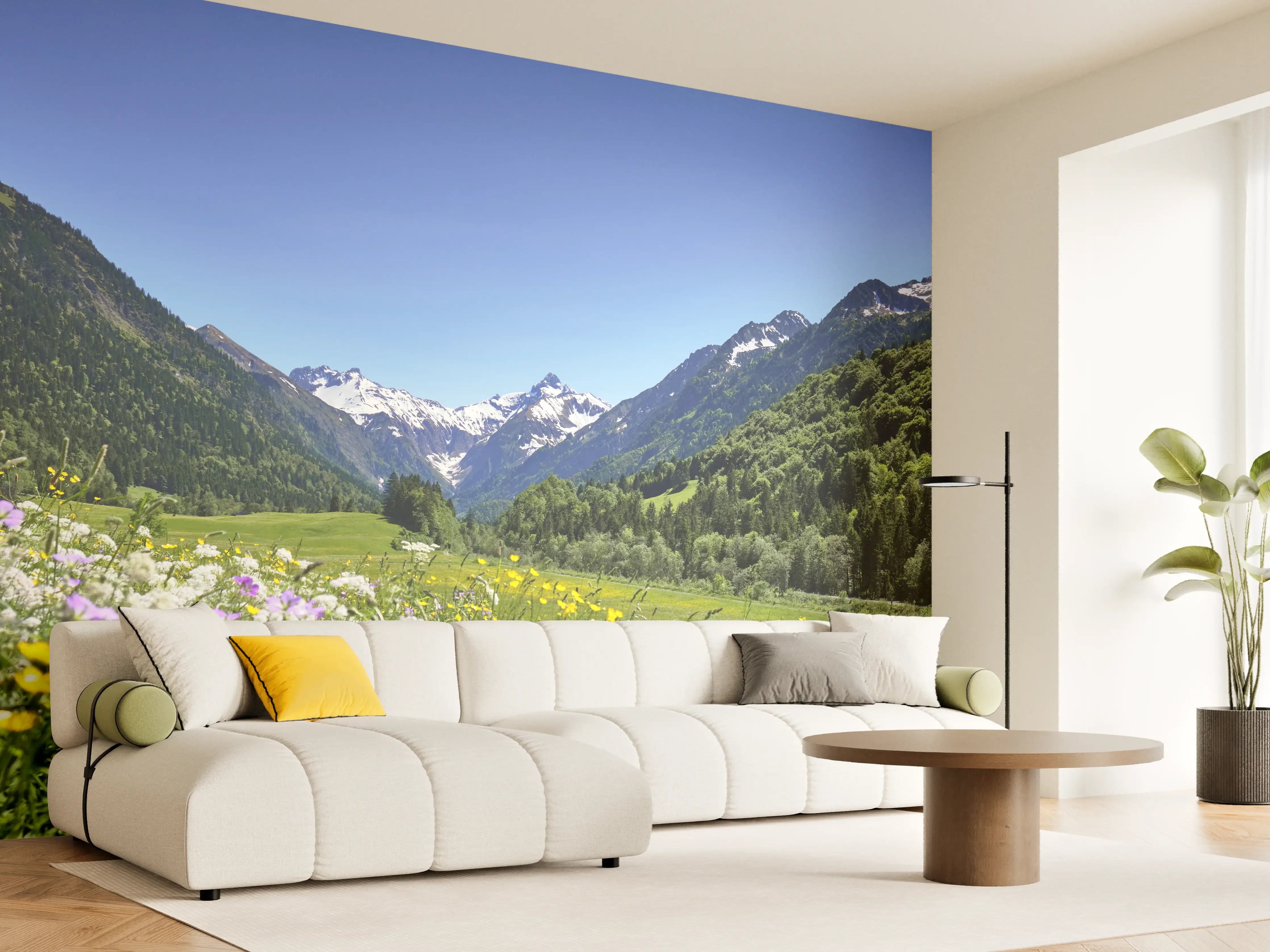 Wandverkleidung Wohnzimmer - Idyllische Berglandschaft im Frühling