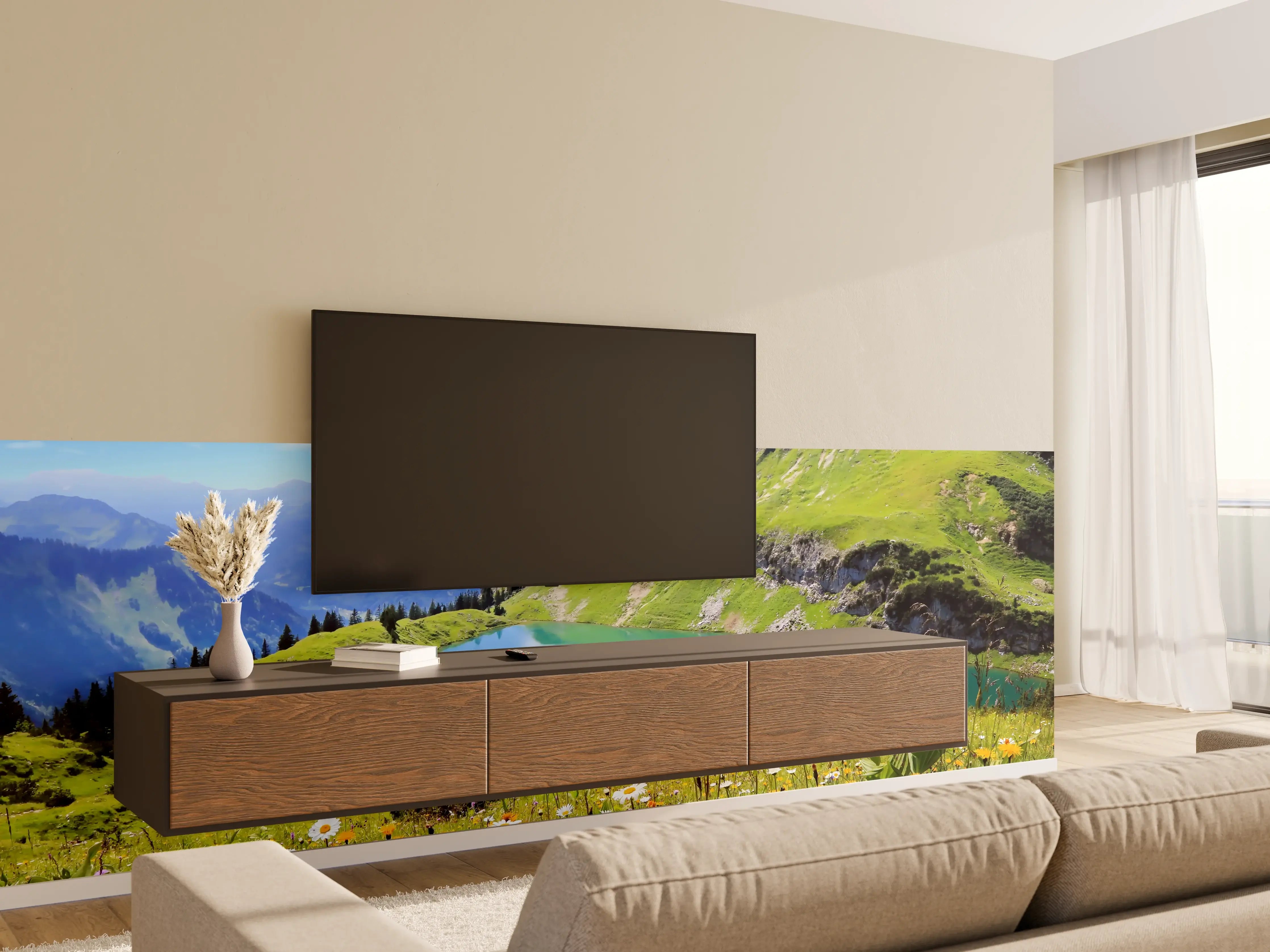 Wandverkleidung Wohnzimmer - Idyllische Berglandschaft mit See und Blumenwiese