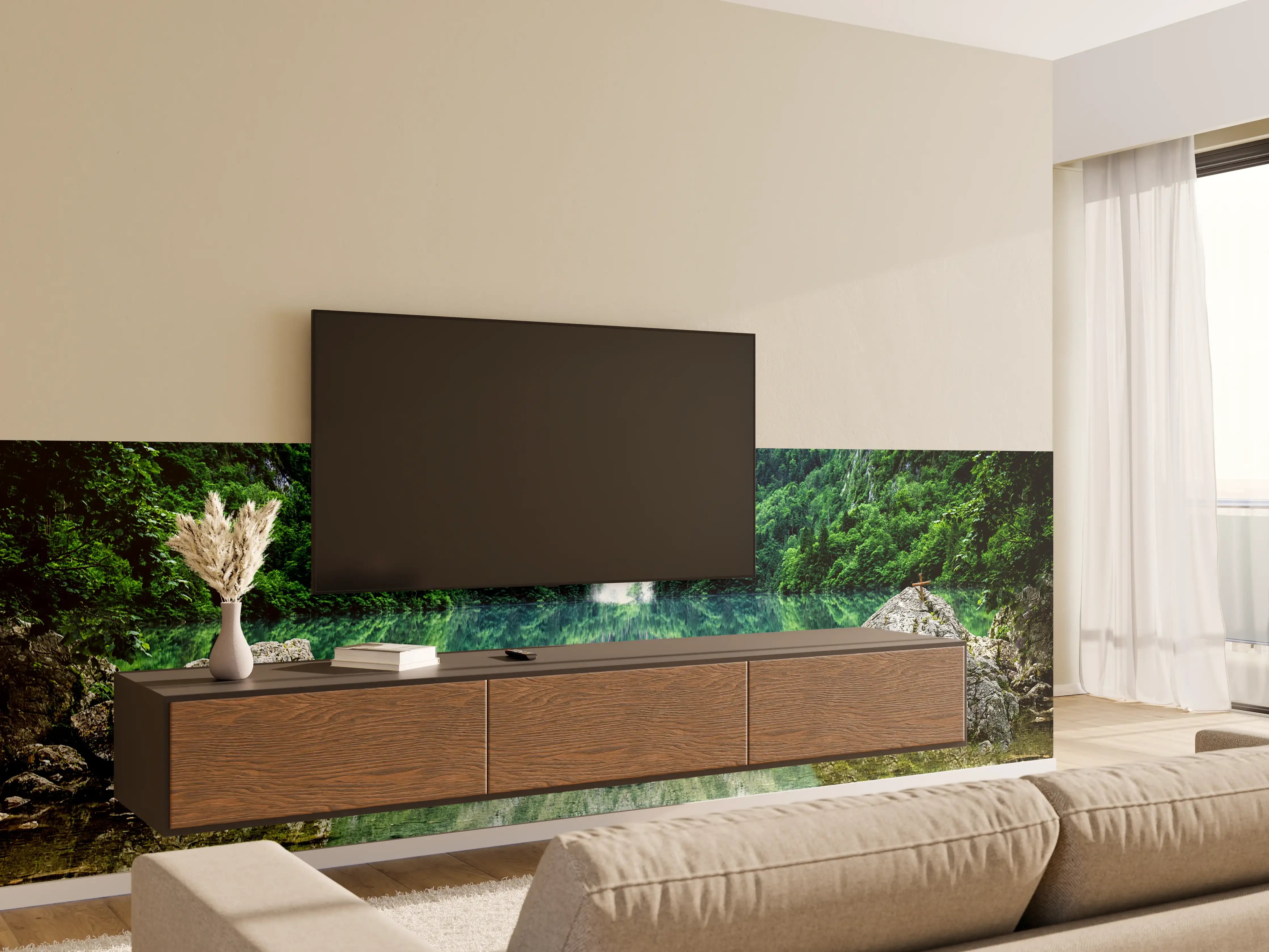 Wandverkleidung Wohnzimmer - Idyllische Bergsee-Landschaft mit Wasserfall