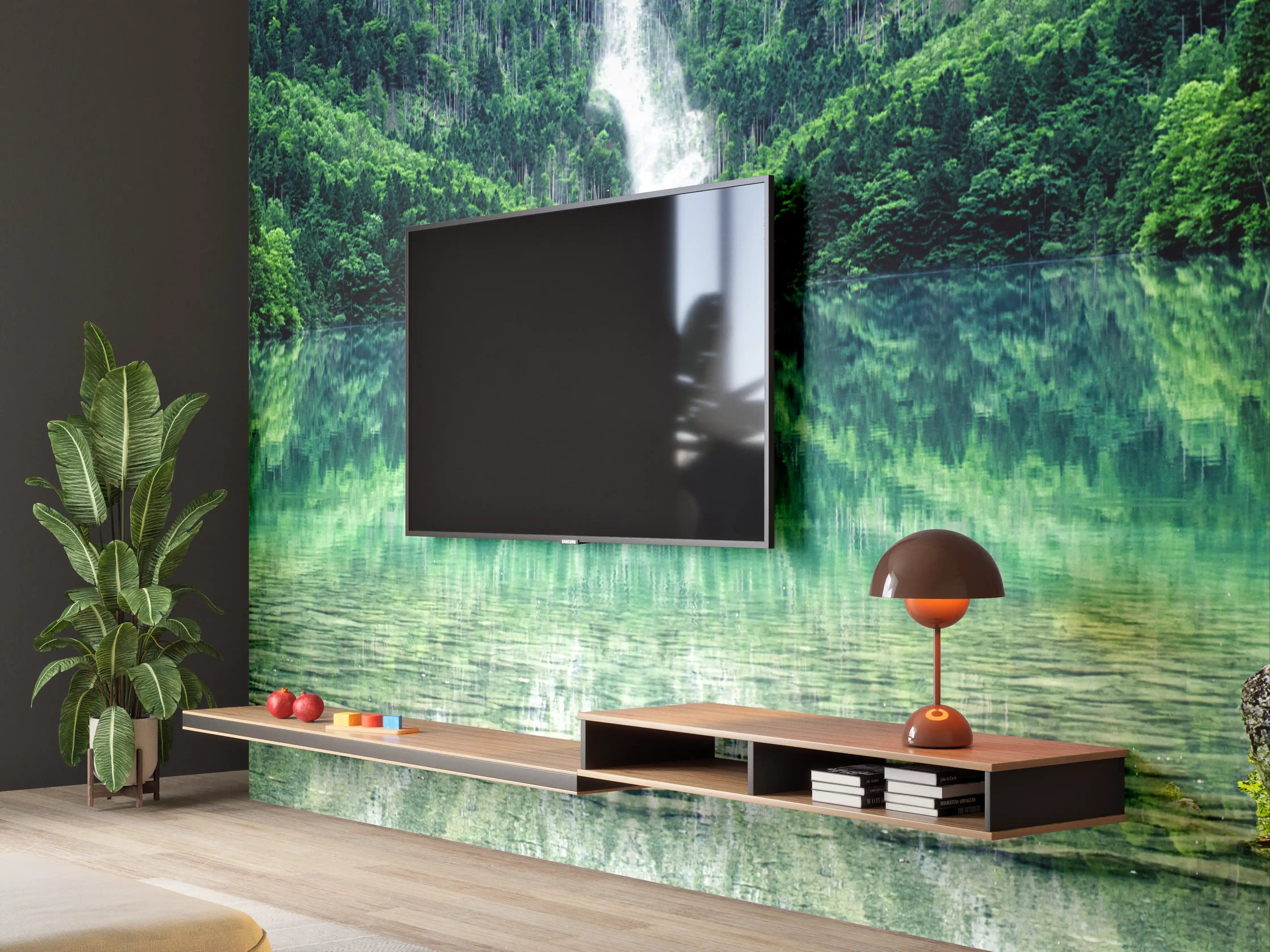Wandverkleidung Wohnzimmer - Idyllische Bergsee-Landschaft mit Wasserfall