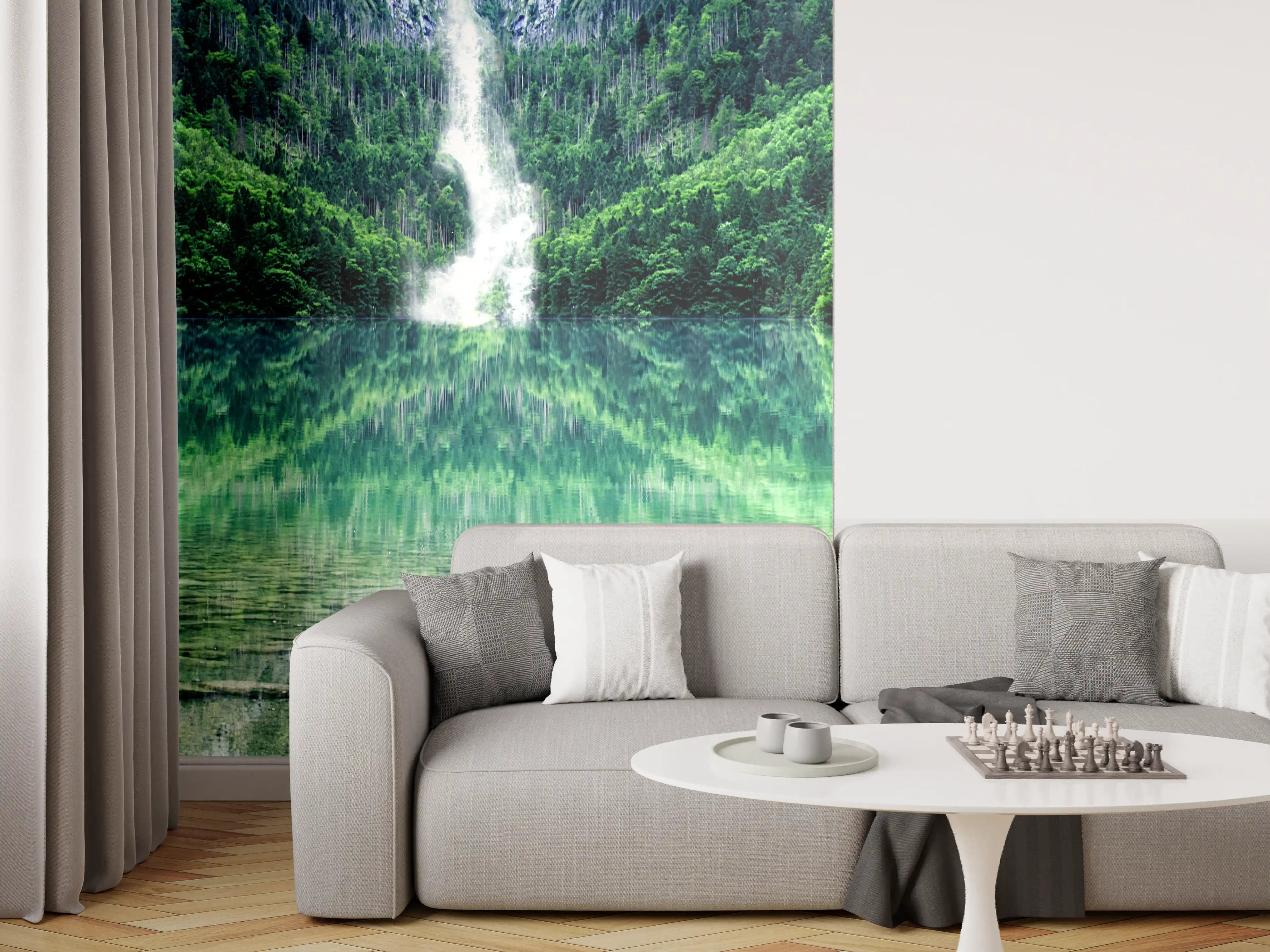 Wandverkleidung Wohnzimmer - Idyllische Bergsee-Landschaft mit Wasserfall