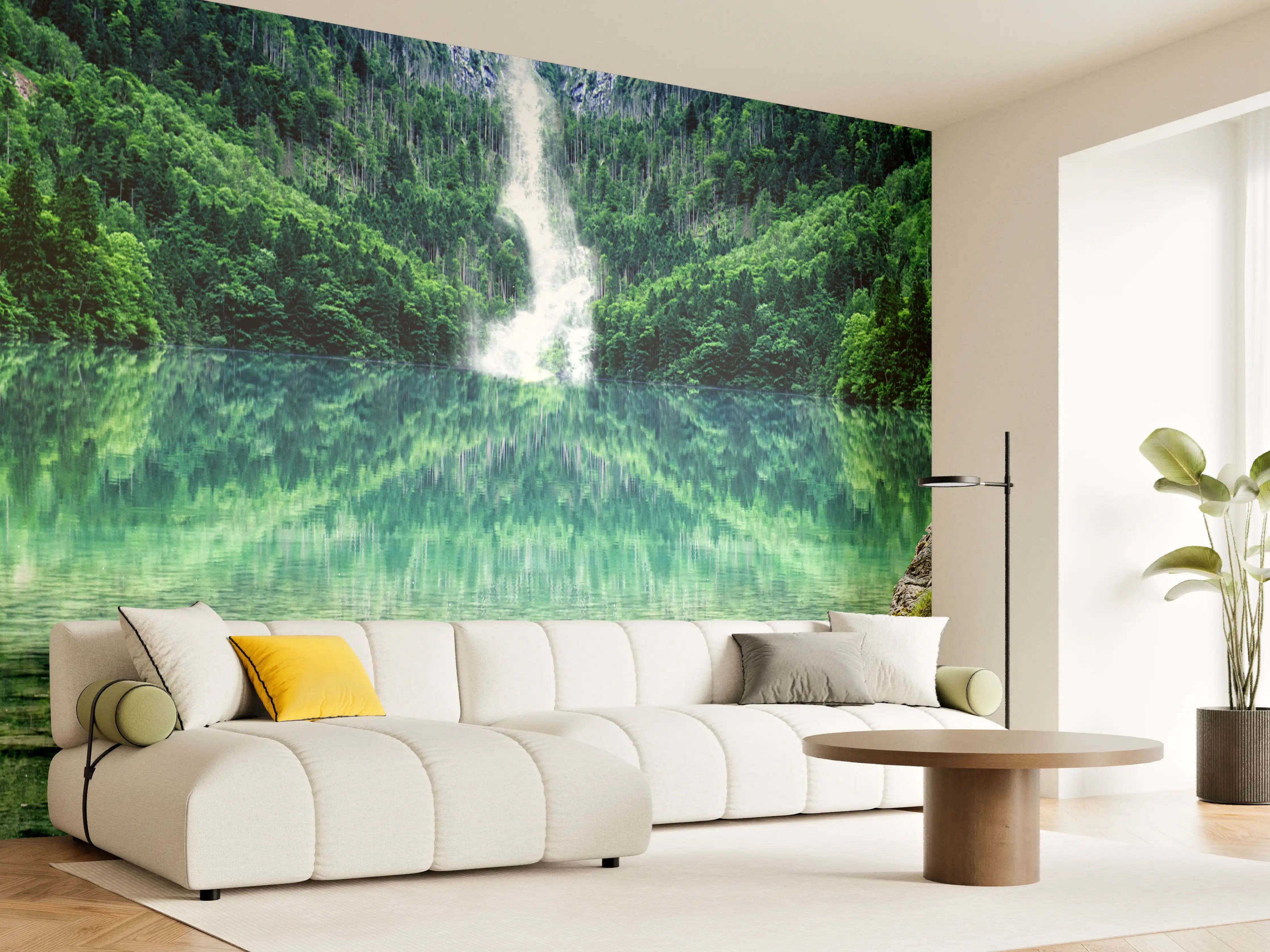 Wandverkleidung Wohnzimmer - Idyllische Bergsee-Landschaft mit Wasserfall