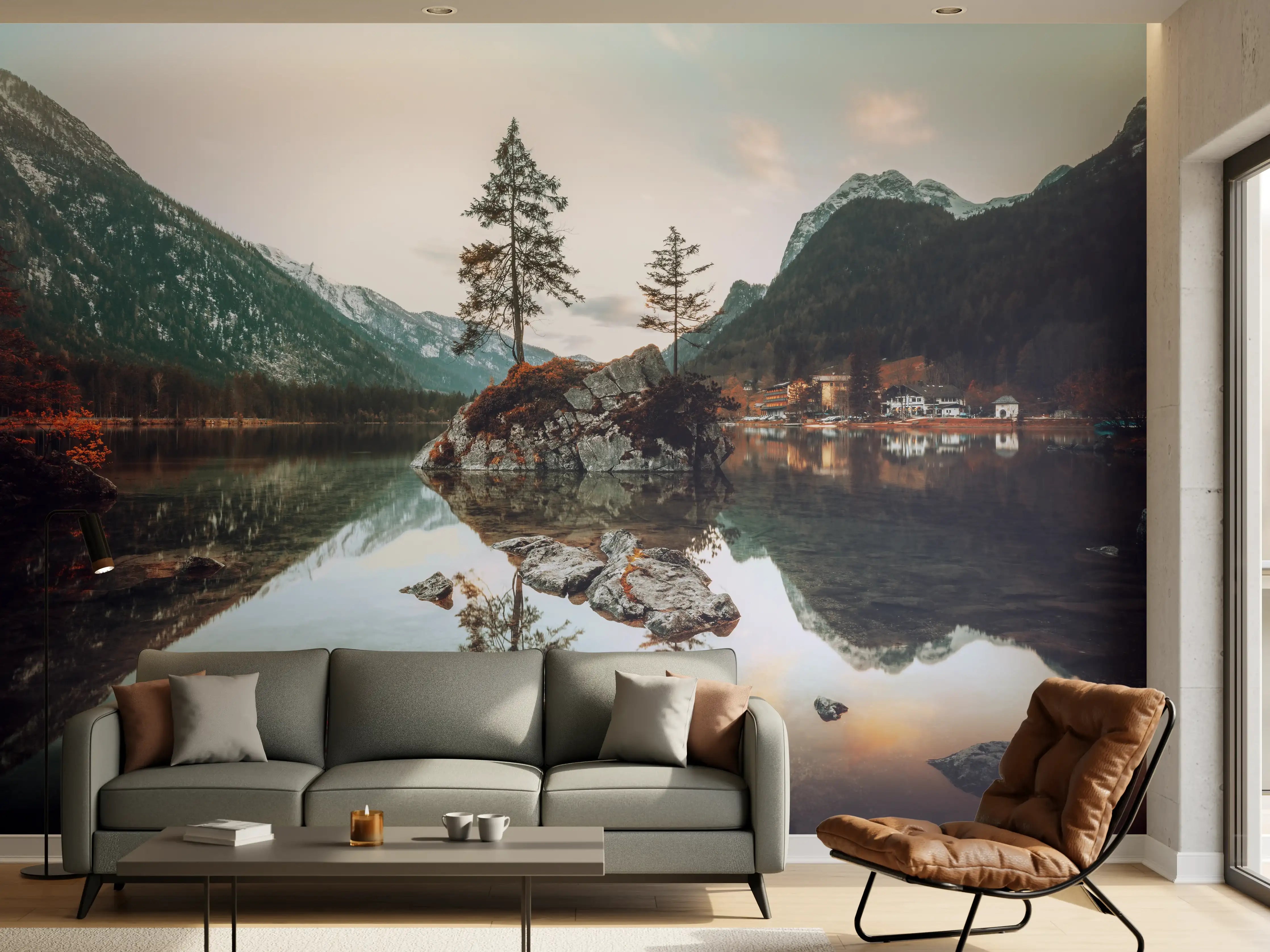 Wandverkleidung Wohnzimmer - Idyllische Bergsee-Landschaft mit spiegelnder Wasserfläche