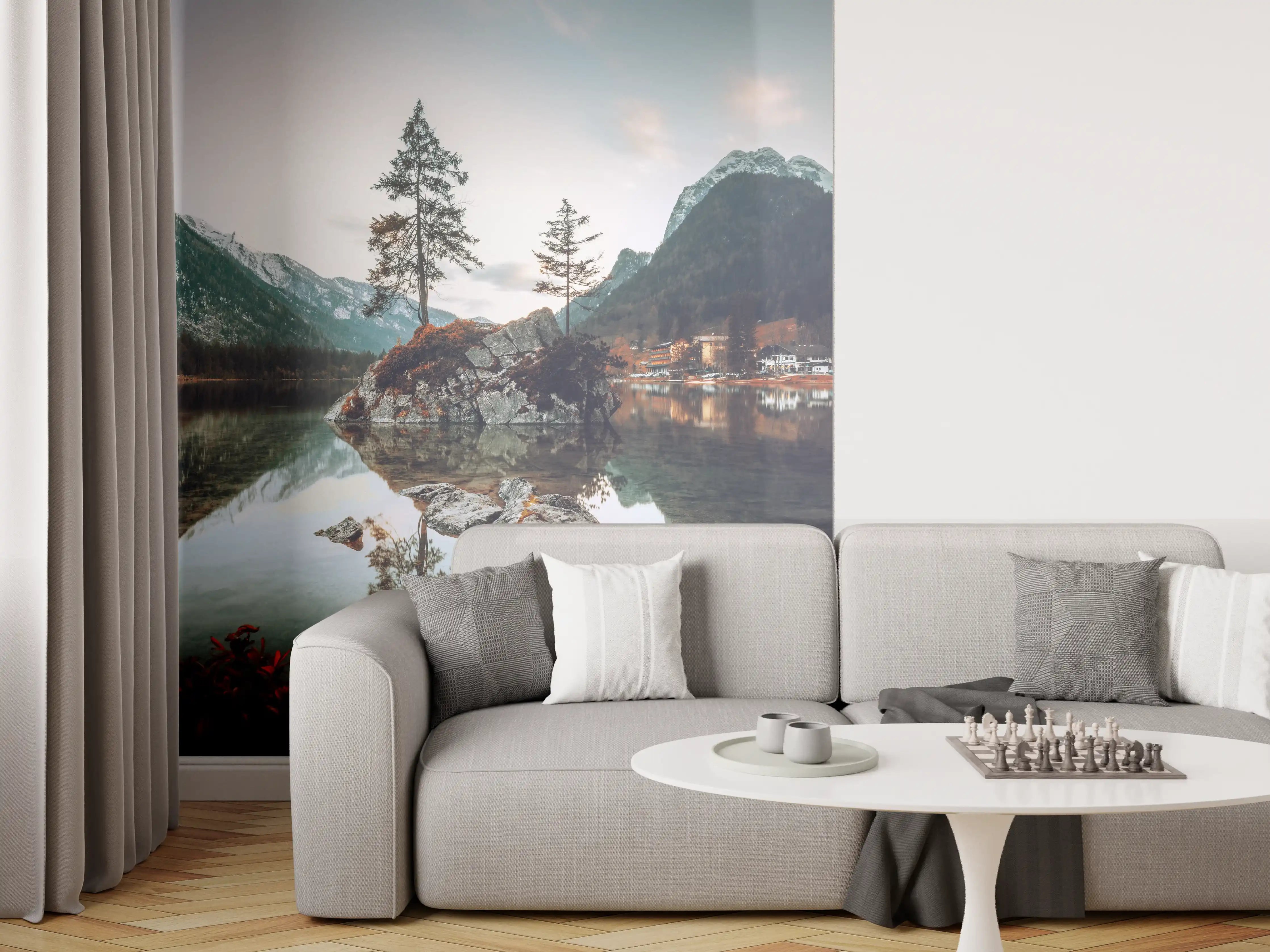 Wandverkleidung Wohnzimmer - Idyllische Bergsee-Landschaft mit spiegelnder Wasserfläche