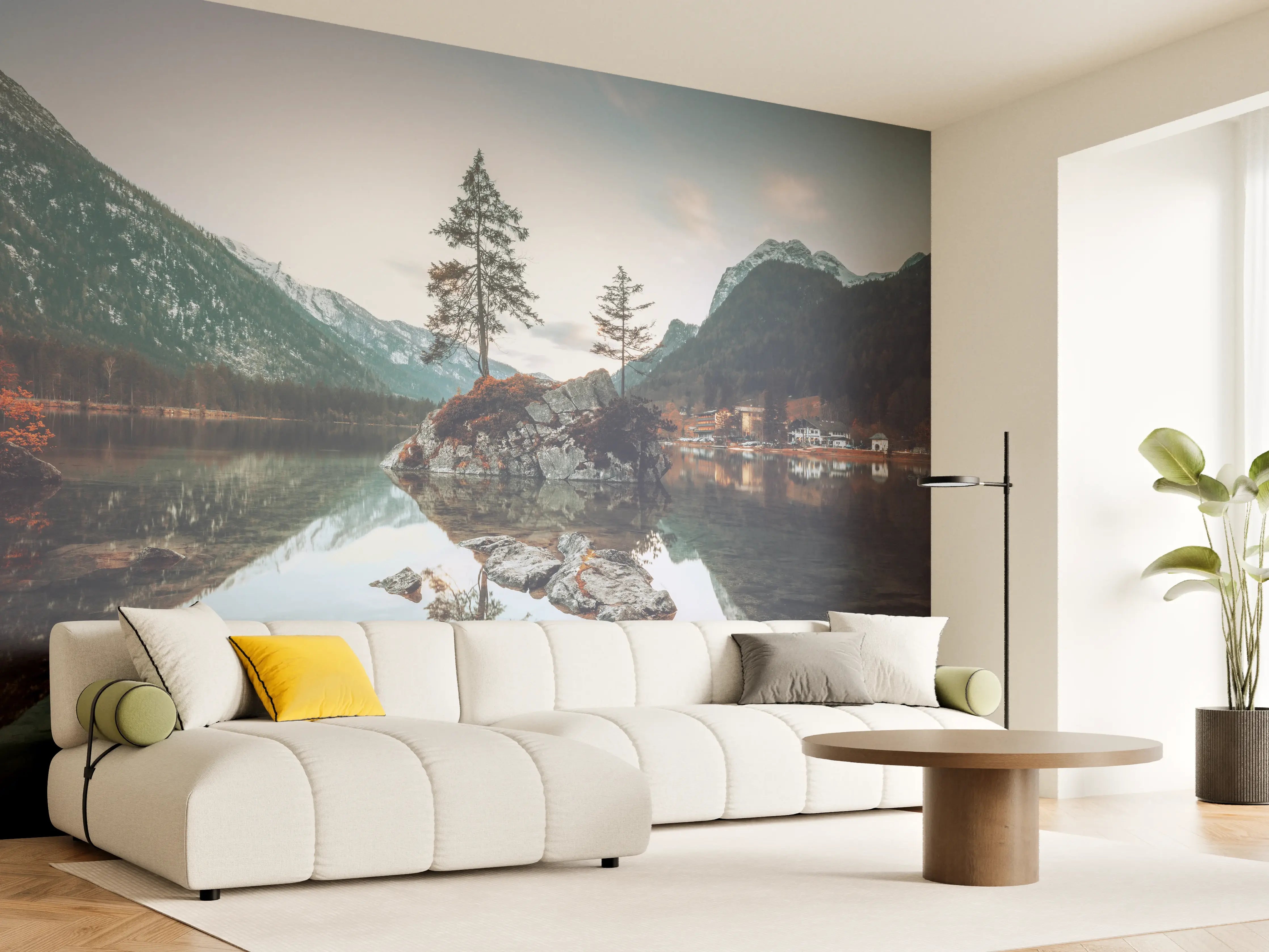 Wandverkleidung Wohnzimmer - Idyllische Bergsee-Landschaft mit spiegelnder Wasserfläche