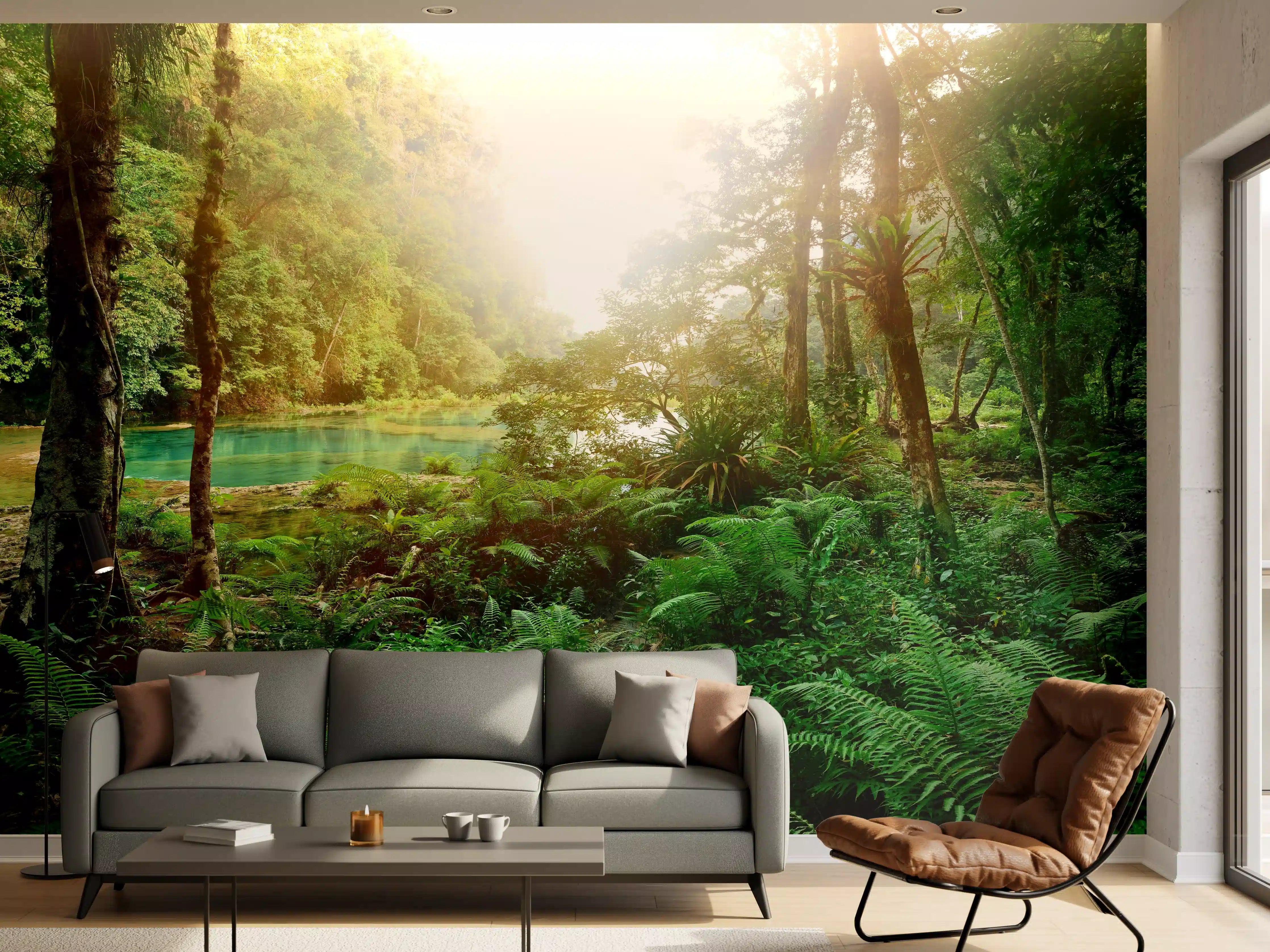 Wandverkleidung Wohnzimmer - Idyllische Dschungellandschaft mit See