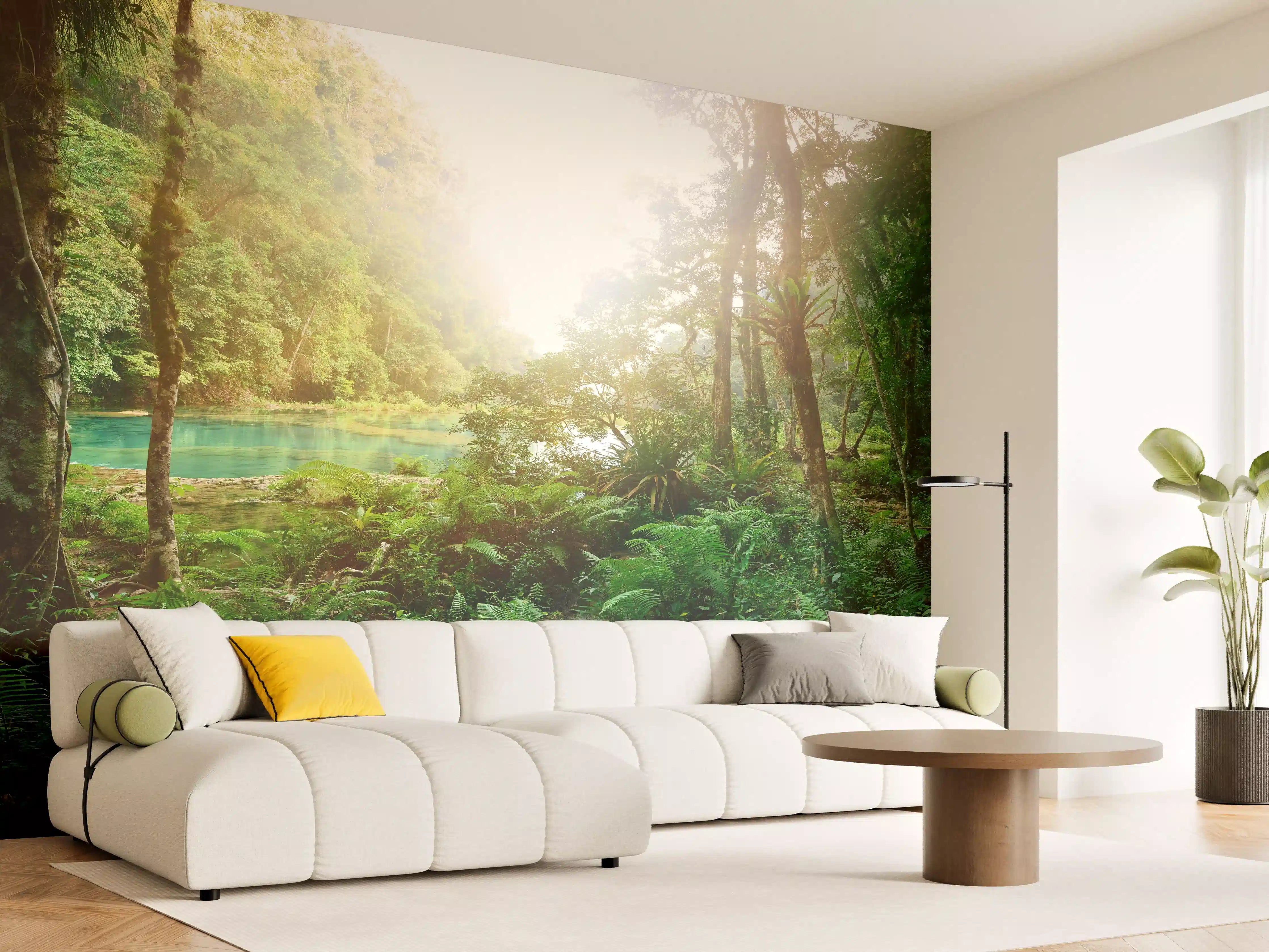 Wandverkleidung Wohnzimmer - Idyllische Dschungellandschaft mit See