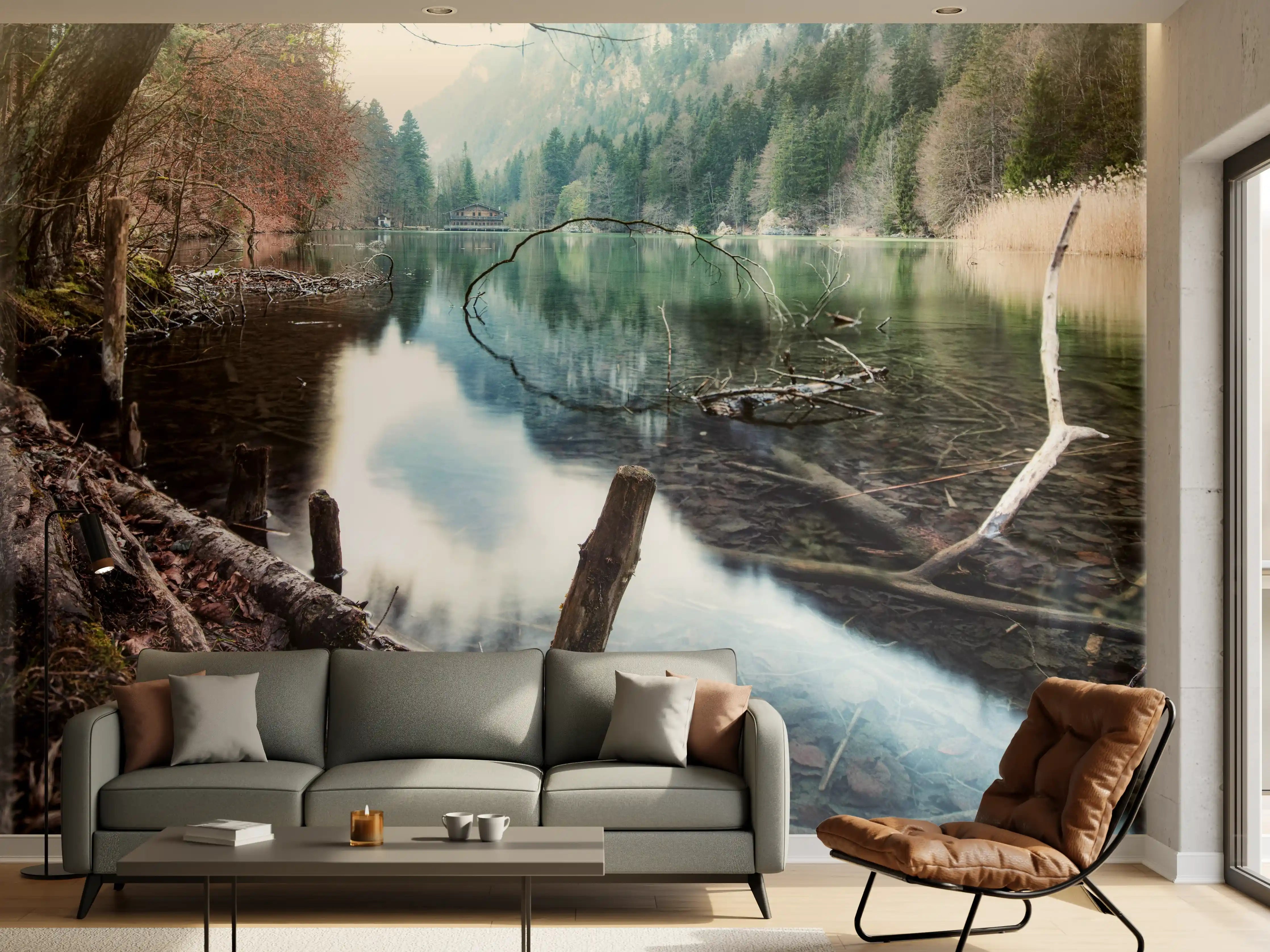Wandverkleidung Wohnzimmer - Idyllische Flusslandschaft im Wald