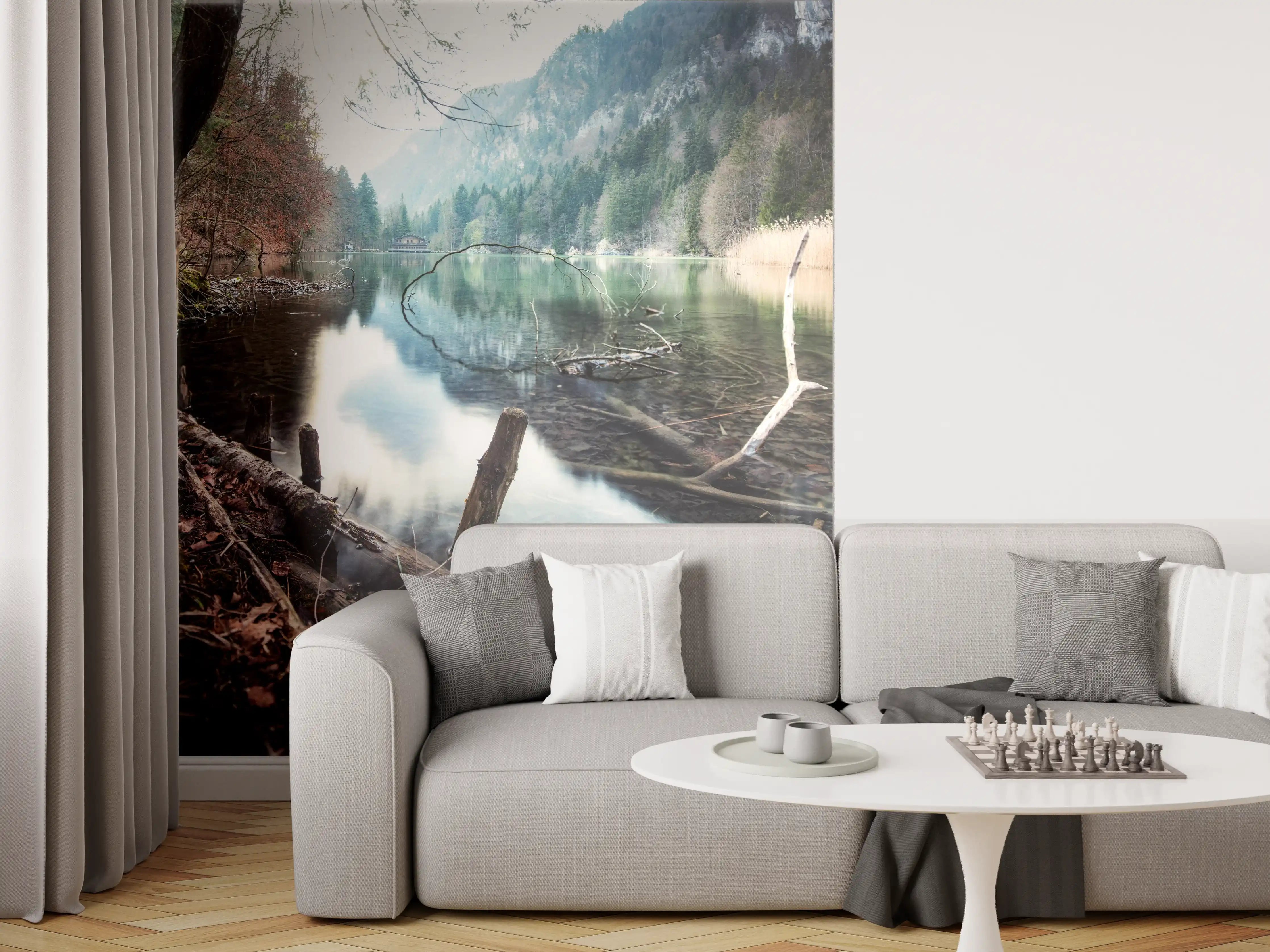 Wandverkleidung Wohnzimmer - Idyllische Flusslandschaft im Wald