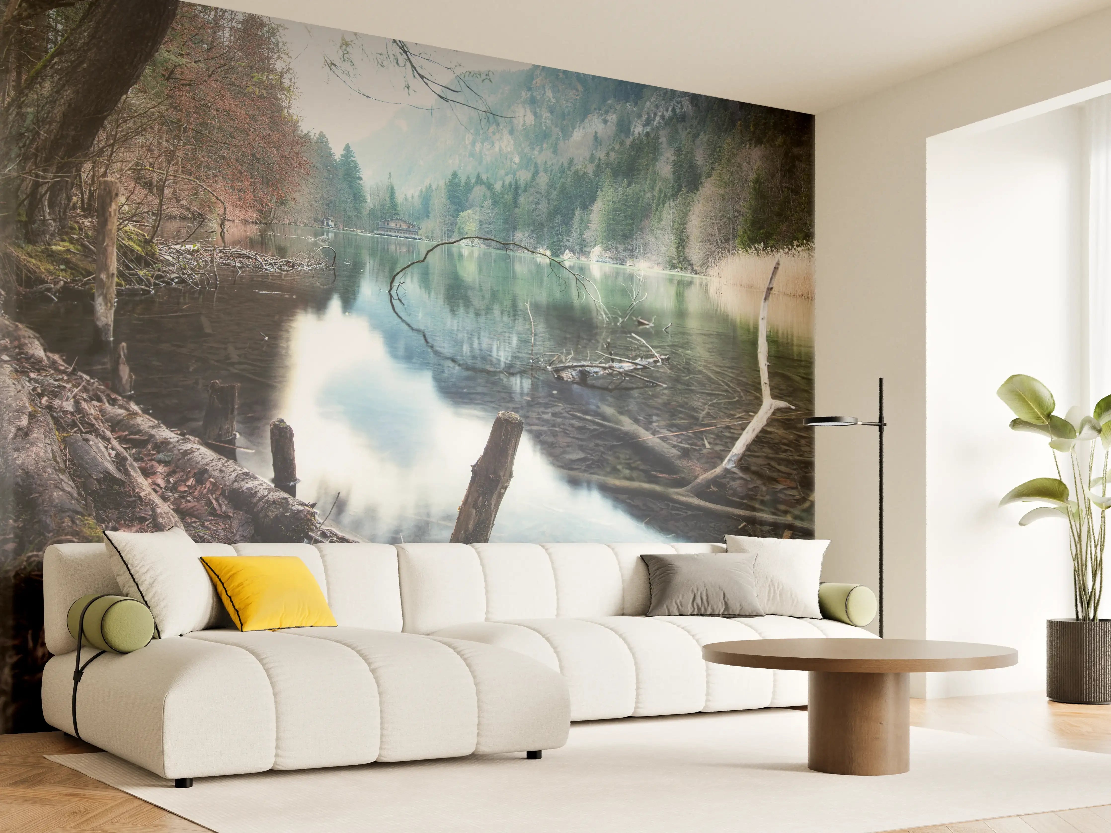 Wandverkleidung Wohnzimmer - Idyllische Flusslandschaft im Wald