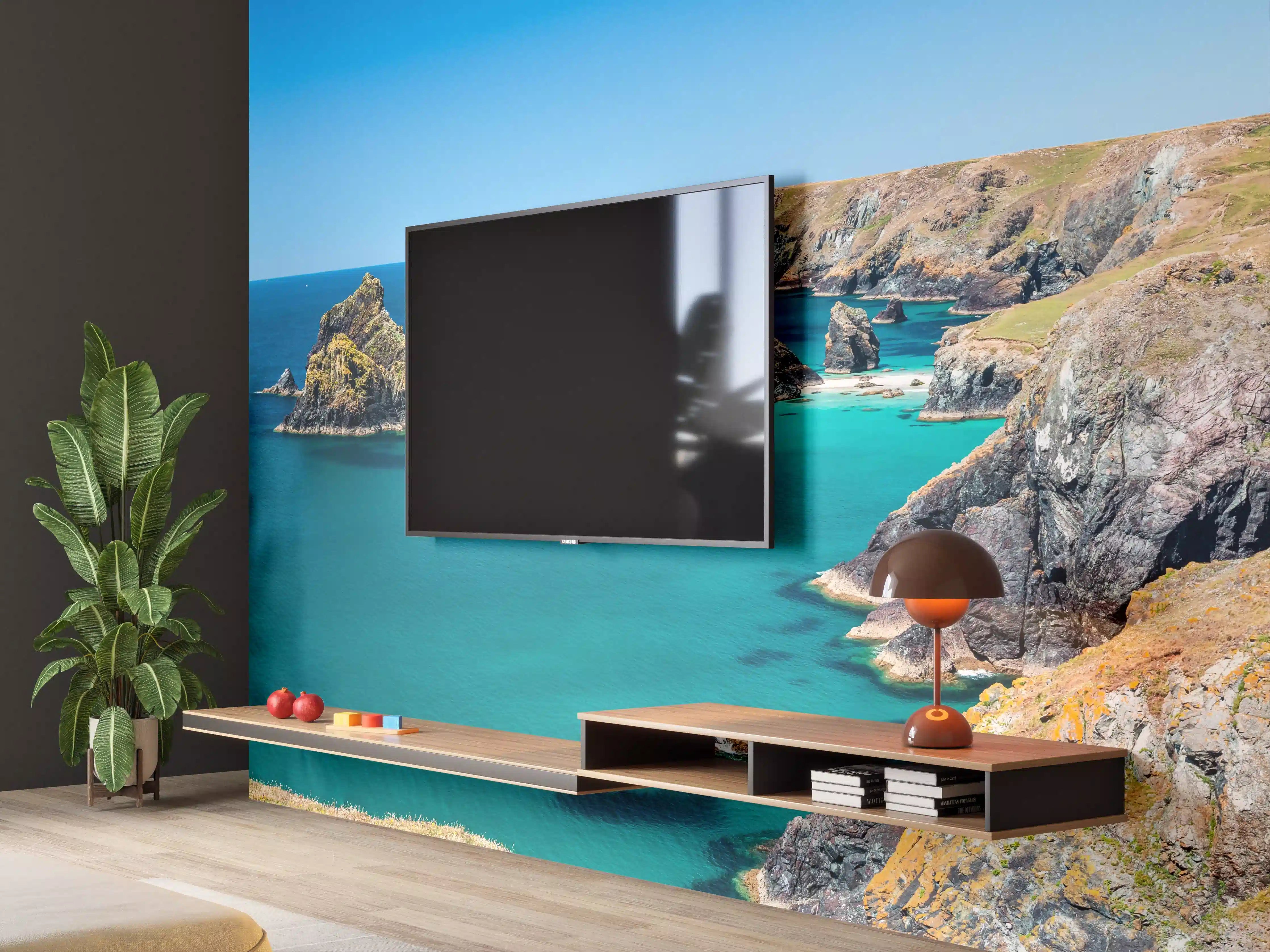 Wandverkleidung Wohnzimmer - Idyllische Küstenlandschaft mit Türkisblauem Wasser