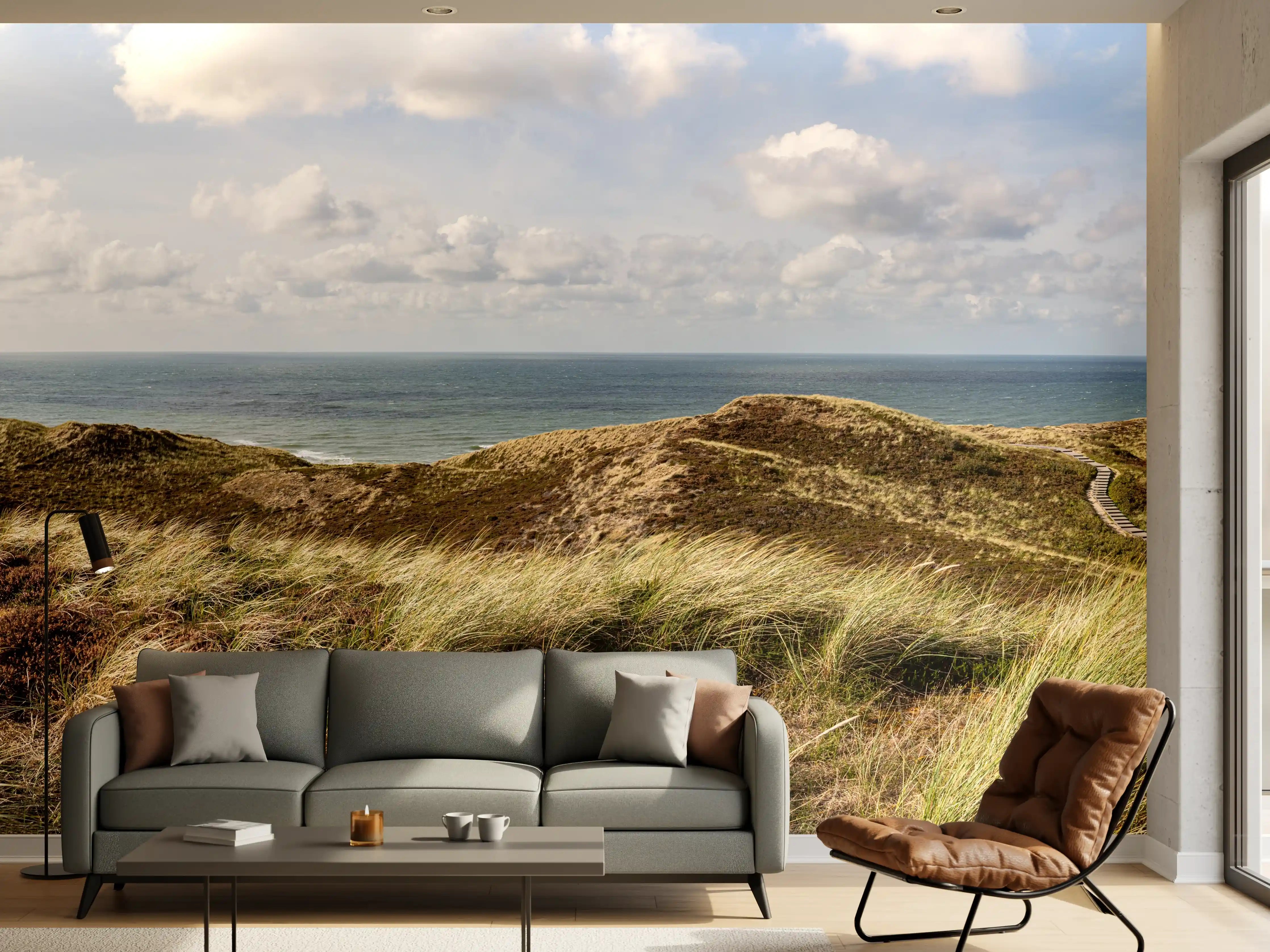 Wandverkleidung Wohnzimmer - Idyllische Küstenlandschaft mit sanften Hügeln
