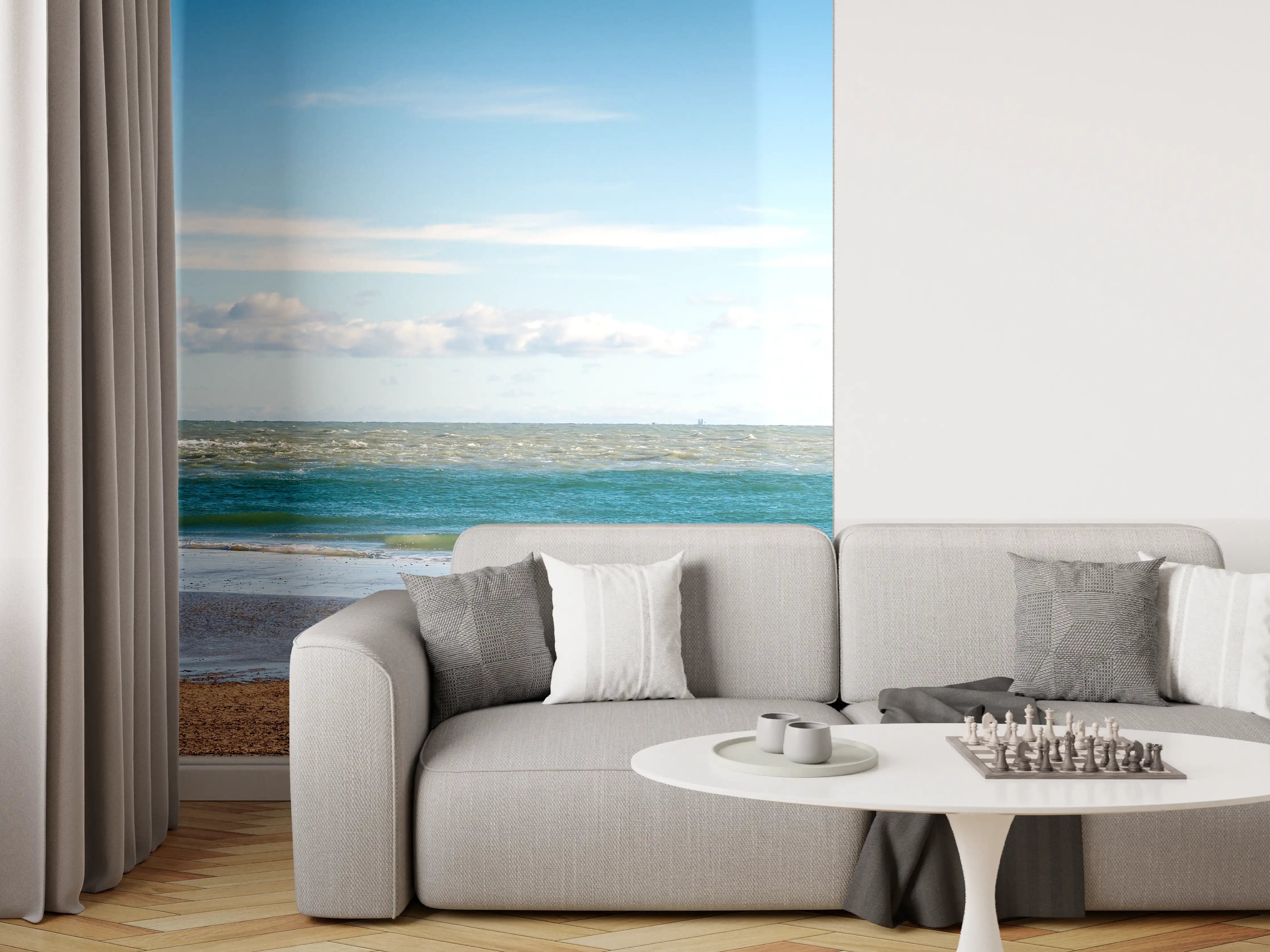 Wandverkleidung Wohnzimmer - Idyllische Küstenlandschaft mit sanften Wellen