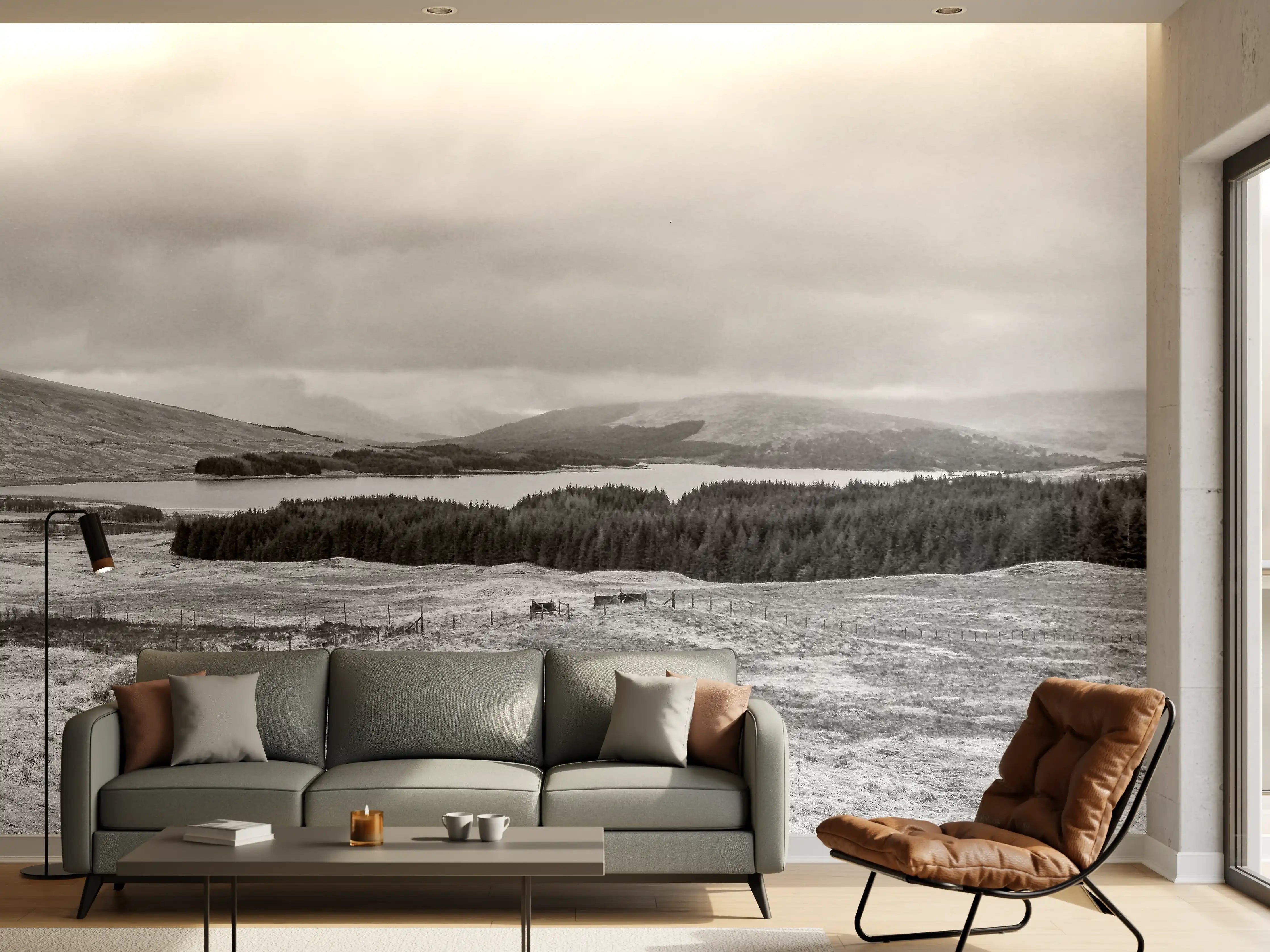 Wandverkleidung Wohnzimmer - Idyllische Landschaft im Schwarz-Weiß-Look