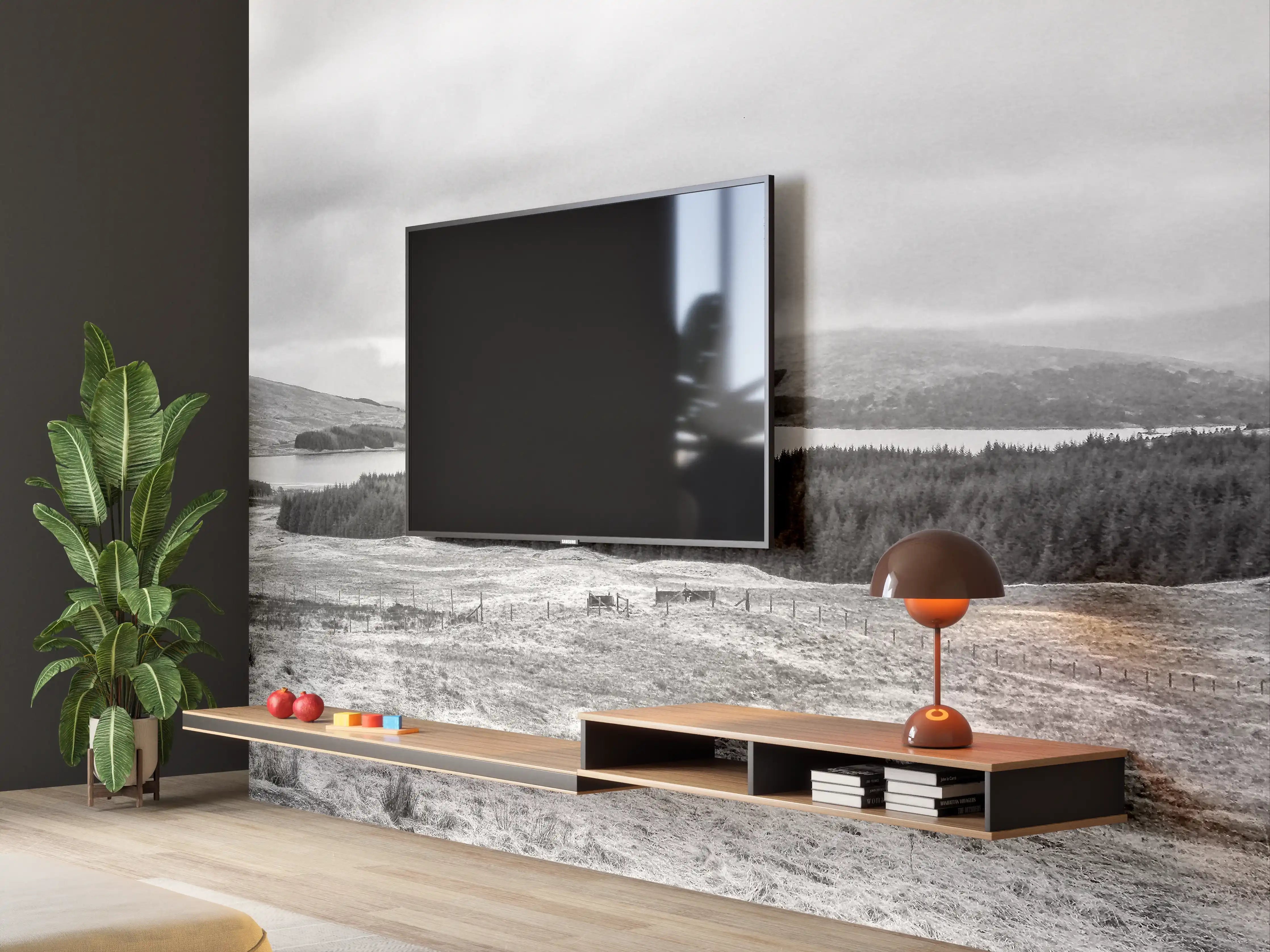 Wandverkleidung Wohnzimmer - Idyllische Landschaft im Schwarz-Weiß-Look